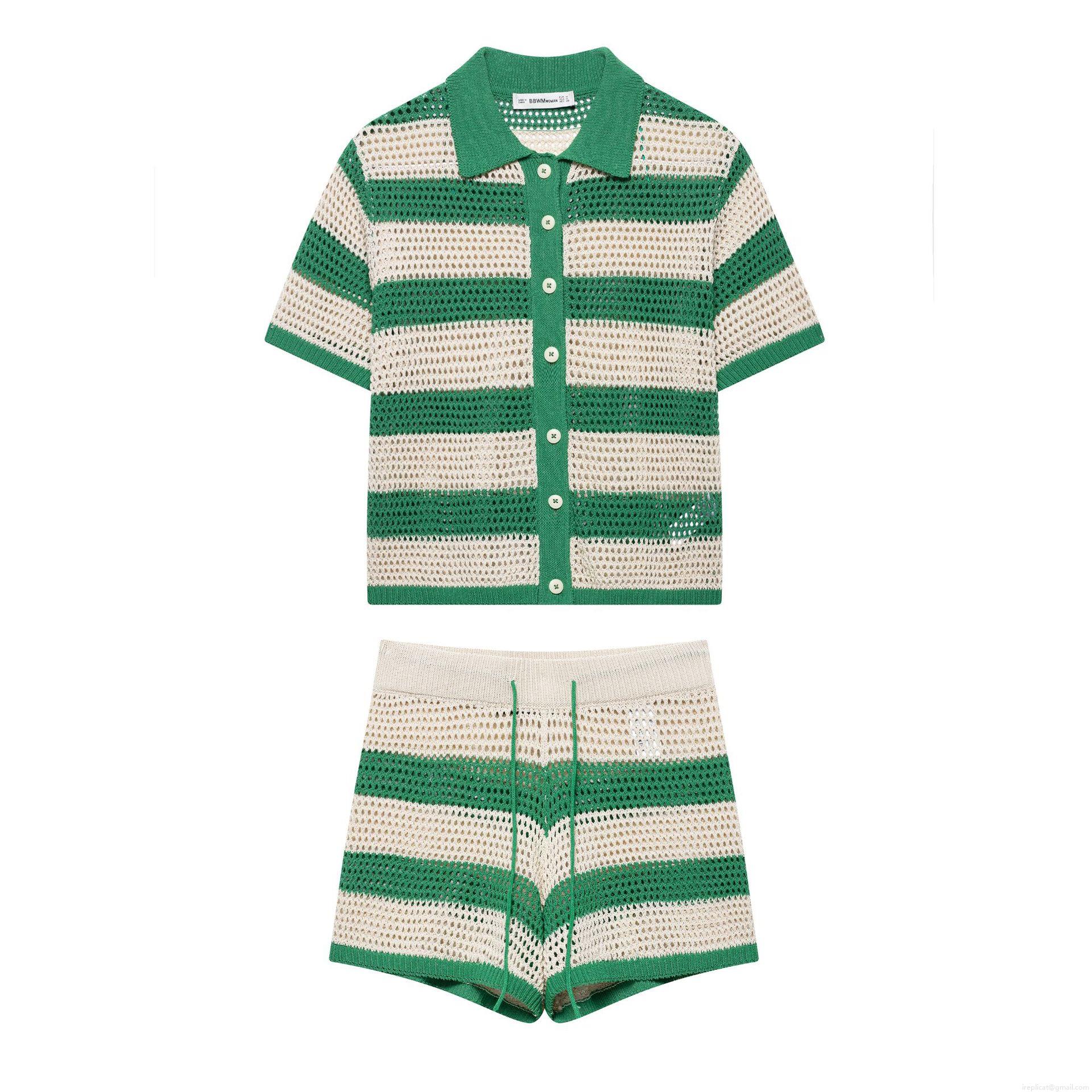 Women's Crochet Hollow Out Striped Knit Polo Shirt And Shorts Casual Two Piece Set Short Sleeve Button Up Top Elastic Waist Shorts For Summer Beach Vacation Women's Crochet Hollow Out Striped Knit Polo Shirt And Shorts Casual Two Piece Set Short Sleeve Button Up Top Elastic Waist Shorts For Summer Beach Vacation