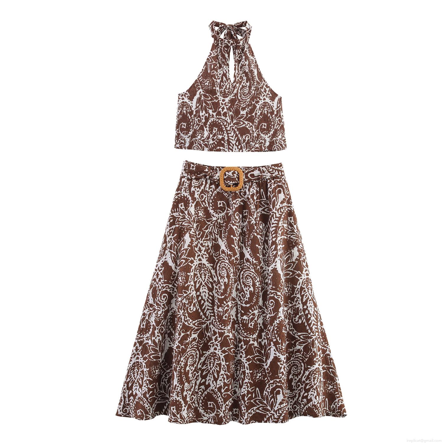 Women Bohemian Paisley Eyelet Embroidery Two Piece Set Halter Neck Crop Top And A-Line Midi Skirt With Wood Belt Buckle Summer Vacation Beach Outfit Women Bohemian Paisley Eyelet Embroidery Two Piece Set Halter Neck Crop Top And A-Line Midi Skirt With Wood Belt Buckle Summer Vacation Beach Outfit