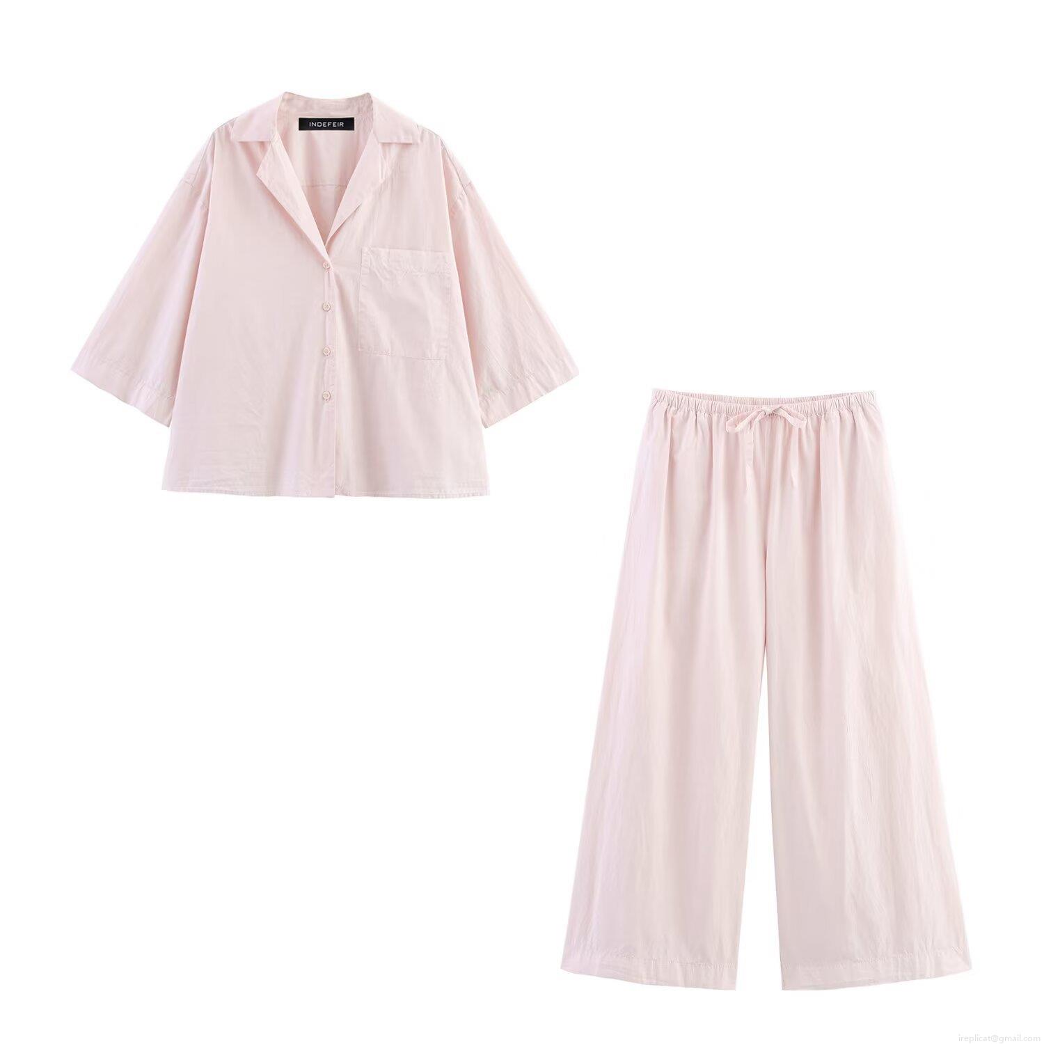 Women's 2 Piece Lounge Set Solid Color Button Up Shirt and Wide Leg Pants Casual Summer Outfits Polyester Blend Breathable Homewear Suit For Women Women's 2 Piece Lounge Set Solid Color Button Up Shirt and Wide Leg Pants Casual Summer Outfits Polyester Blend Breathable Homewear Suit For Women