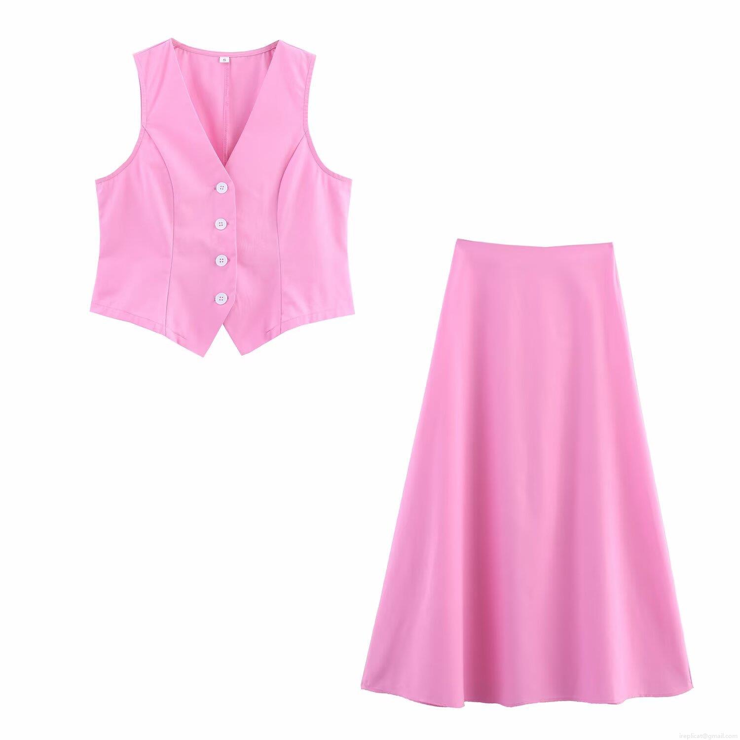 Women 2 Piece Skirt Set Cotton Polyester V-Neck Sleeveless Button Vest High Waisted A-Line Midi Skirt Chic Summer Casual Outfit Bright Pink