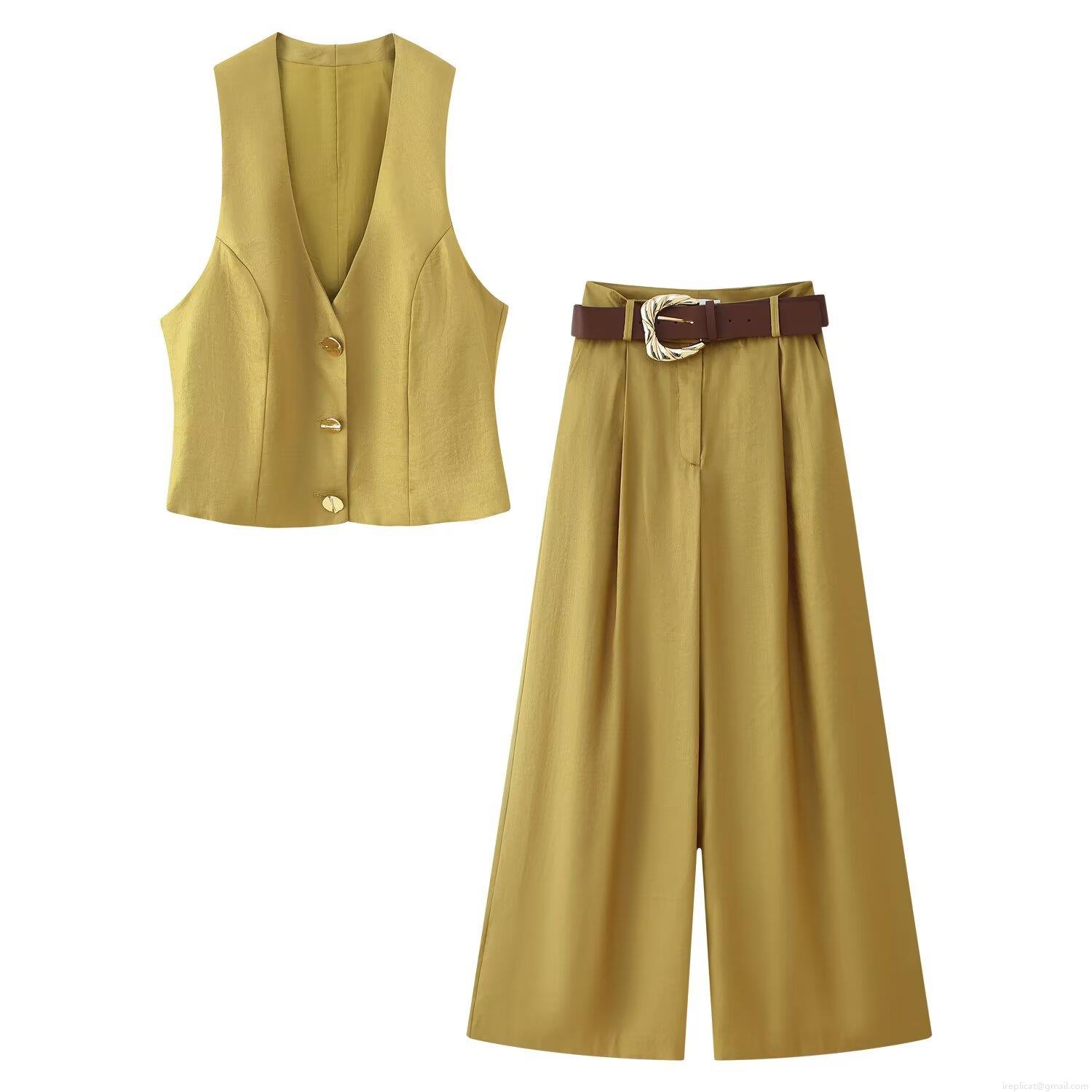 Women's 2-Piece Vest Pants Set Mustard Yellow Satin Texture V-Neck Waistcoat High Waist Wide Leg Trousers With Belt For Party Office Elegant Outfits Women's 2-Piece Vest Pants Set Mustard Yellow Satin Texture V-Neck Waistcoat High Waist Wide Leg Trousers With Belt For Party Office Elegant Outfits