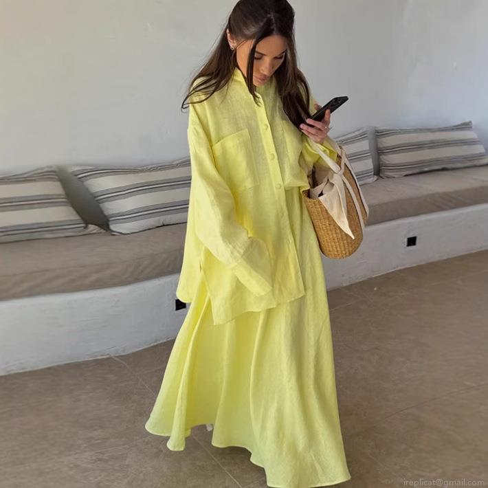 Women's Casual 2 Piece Outfits Long Sleeve Button Down Shirt And High Waist A-Line Maxi Skirt Set Solid Lemon Yellow Cotton Linen Feel Streetwear Vacation Sets Women's Casual 2 Piece Outfits Long Sleeve Button Down Shirt And High Waist A-Line Maxi Skirt Set Solid Lemon Yellow Cotton Linen Feel Streetwear Vacation Sets