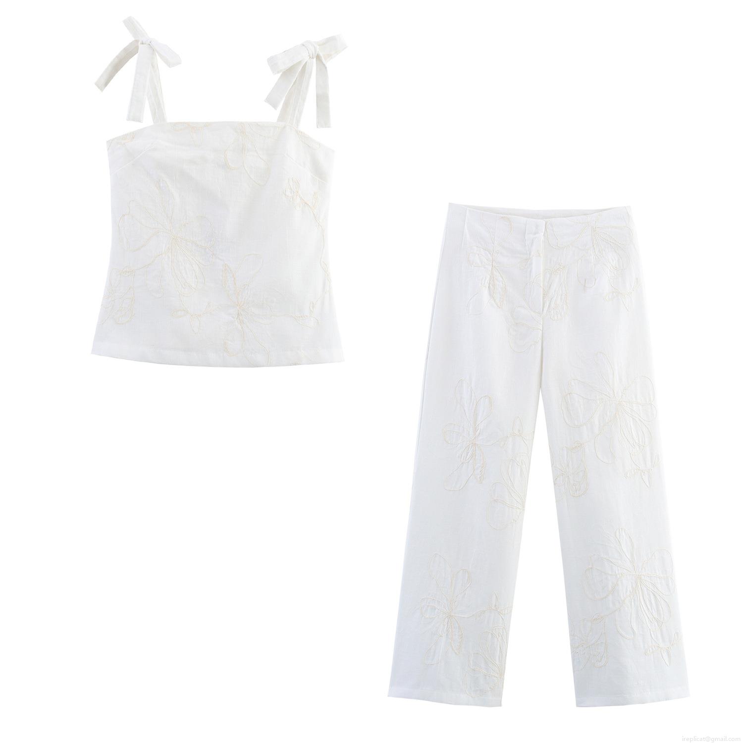 Women's Cotton Blend Two-Piece Set Floral Embroidery Camisole Top And Wide Leg Pants Casual Summer Vacation Streetwear Outfit White Women's Cotton Blend Two-Piece Set Floral Embroidery Camisole Top And Wide Leg Pants Casual Summer Vacation Streetwear Outfit White