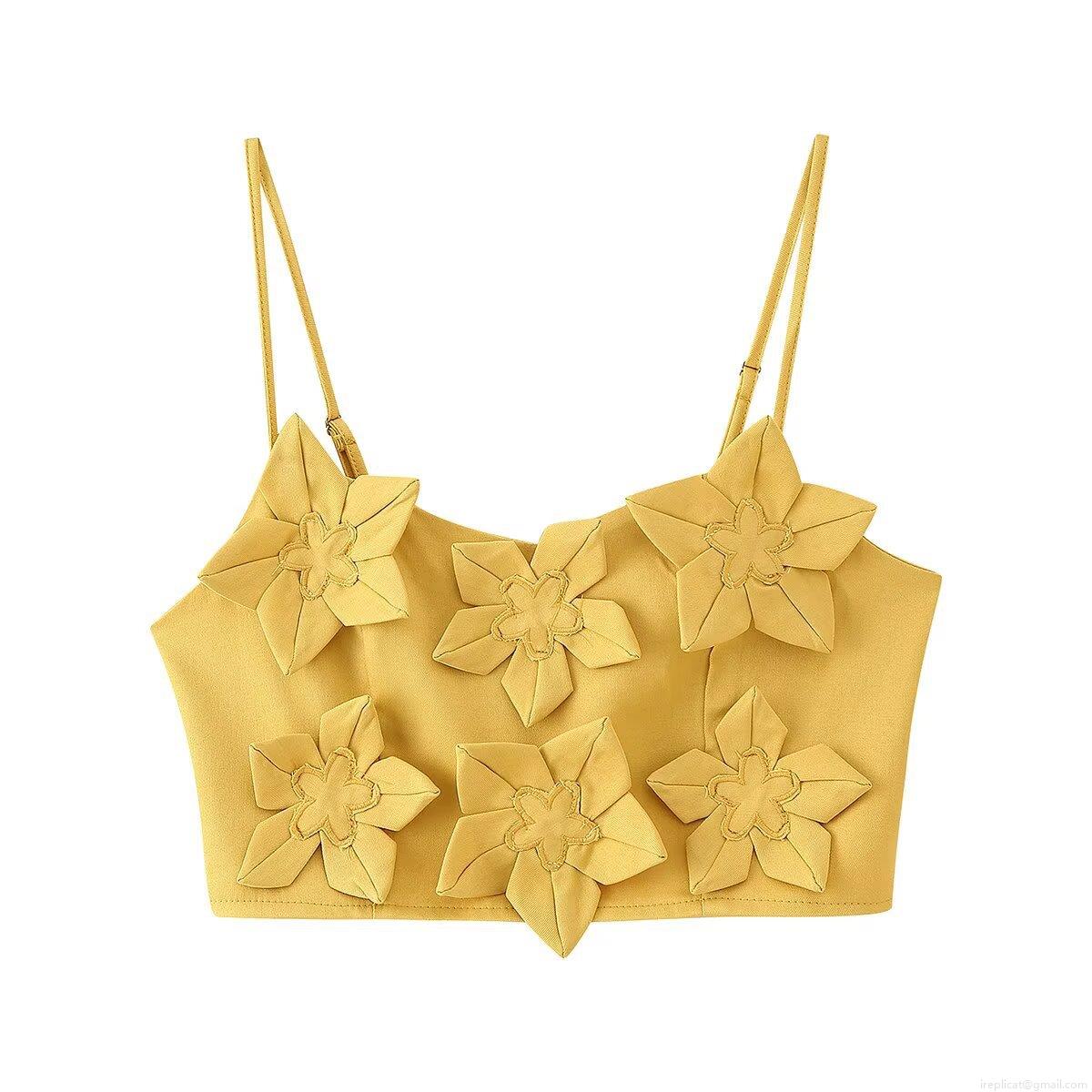 Women Yellow Two Piece Set 3D Flower Decoration Spaghetti Strap Crop Top And High Waist A-Line Mini Skirt Cotton Polyester Blend Sexy Summer Vacation Outfits