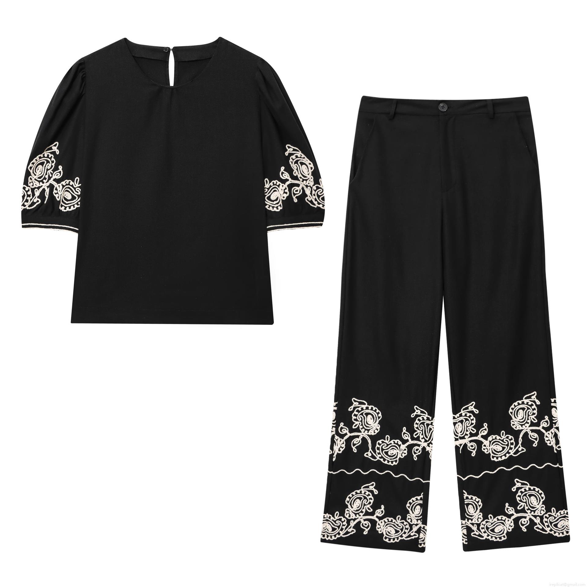 Women Elegant 2 Piece Set Black Floral Embroidery Bubble Short Sleeve Top And Wide Leg Pants Casual Streetwear Summer Outfit For Ladies Women Elegant 2 Piece Set Black Floral Embroidery Bubble Short Sleeve Top And Wide Leg Pants Casual Streetwear Summer Outfit For Ladies