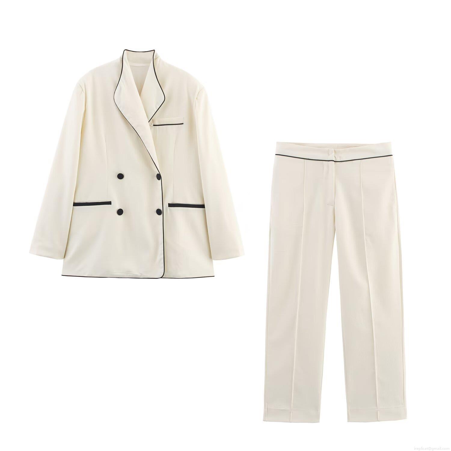 Women's Elegant Polyester Contrast Piping Two-Piece Suit Set Double Breasted Blazer and High Waist Straight Leg Pants Office Workwear Outfit Women's Elegant Polyester Contrast Piping Two-Piece Suit Set Double Breasted Blazer and High Waist Straight Leg Pants Office Workwear Outfit