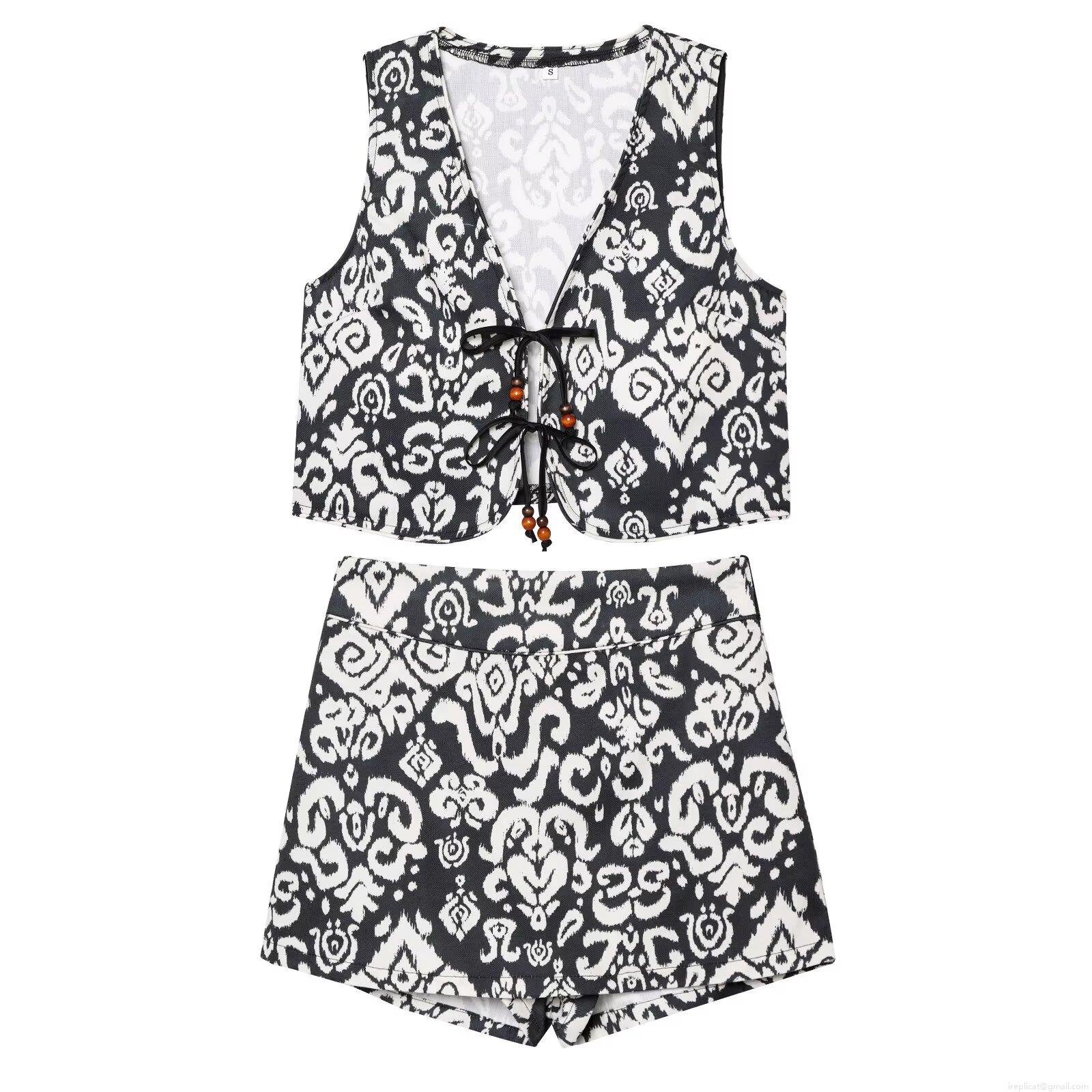 Bohemian Black And White Print Two Piece Set For Women Sleeveless V Neck Tie Front Vest And High Waist Shorts Ethnic Summer Beach Casual Outfits Bohemian Black And White Print Two Piece Set For Women Sleeveless V Neck Tie Front Vest And High Waist Shorts Ethnic Summer Beach Casual Outfits