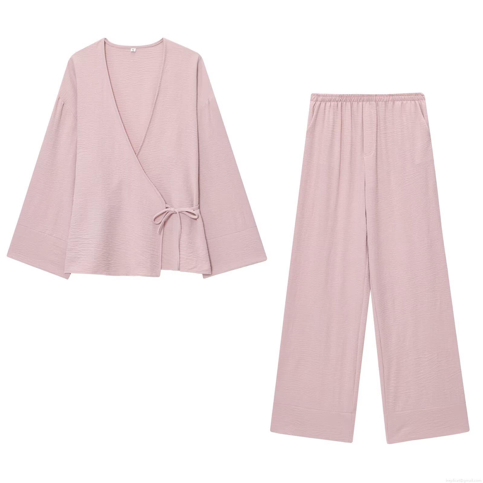 Women's 2 Piece Loungewear Set Kimono Wrap V Neck Long Sleeve Top and Wide Leg Pants Crepe Texture Casual Home Wear Pajama Suit Pink Women's 2 Piece Loungewear Set Kimono Wrap V Neck Long Sleeve Top and Wide Leg Pants Crepe Texture Casual Home Wear Pajama Suit Pink