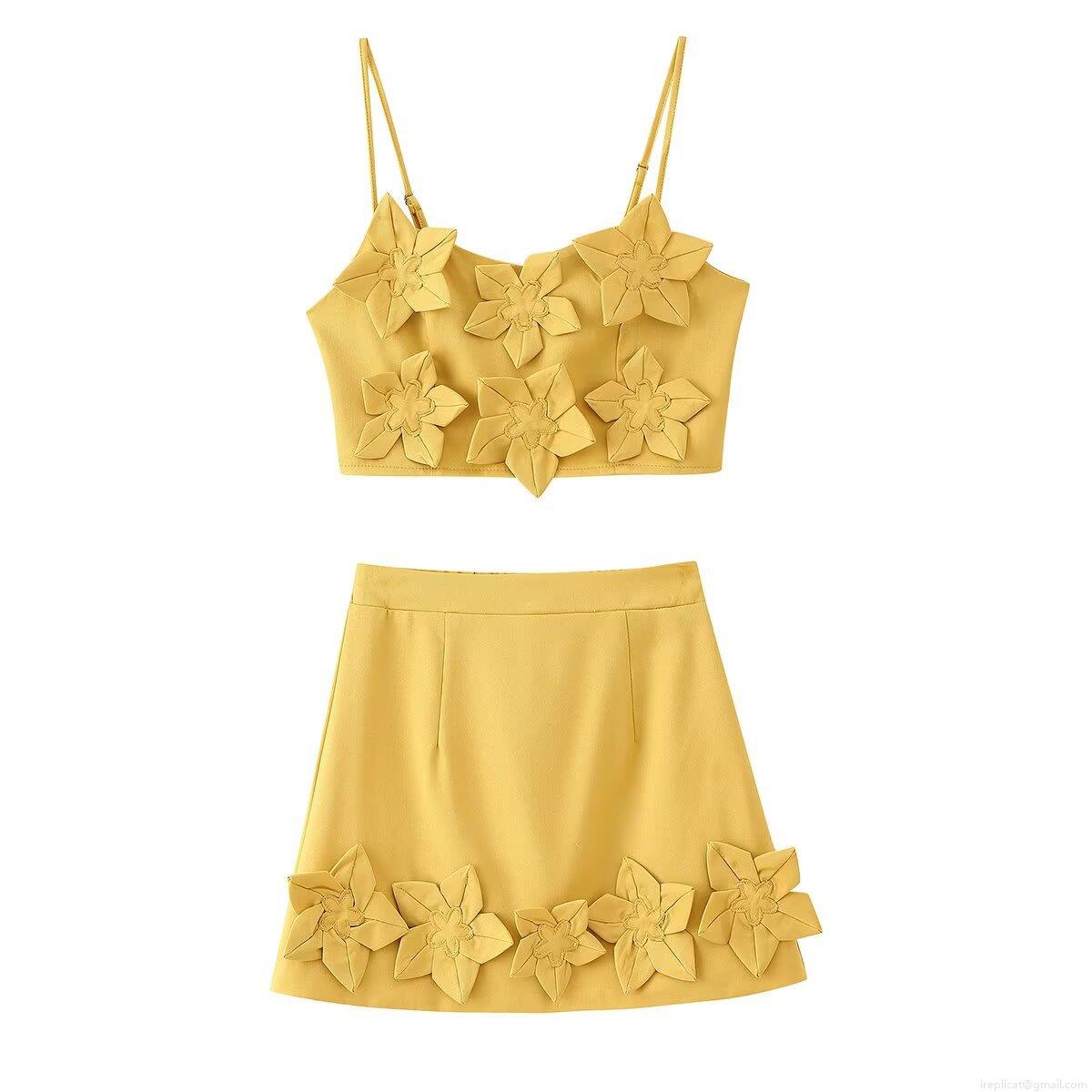 Women's 2 Piece Skirt Set 3D Flower Decoration Yellow Camisole Crop Top And A-Line Mini Skirt Sleeveless Summer Vacation Outfit Streetwear Style Polyester Cotton Blend