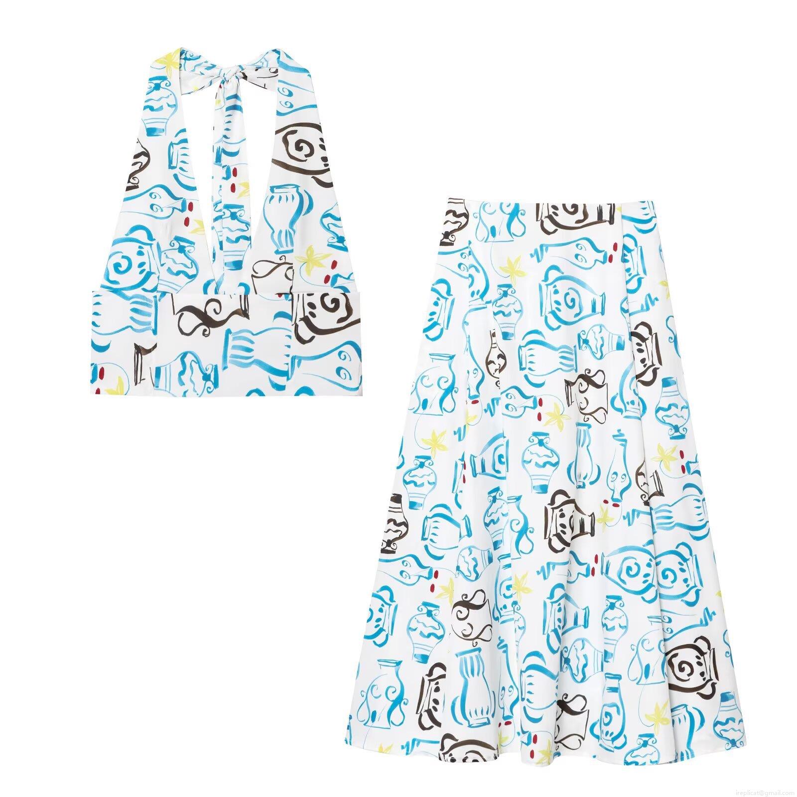 Elegant Women Halter Crop Top Or High Waist Midi Skirt Set Abstract Pottery Print Backless Tie-Up Summer Vacation Polyester Cotton Blend Street Style Outfits Elegant Women Halter Crop Top Or High Waist Midi Skirt Set Abstract Pottery Print Backless Tie-Up Summer Vacation Polyester Cotton Blend Street Style Outfits