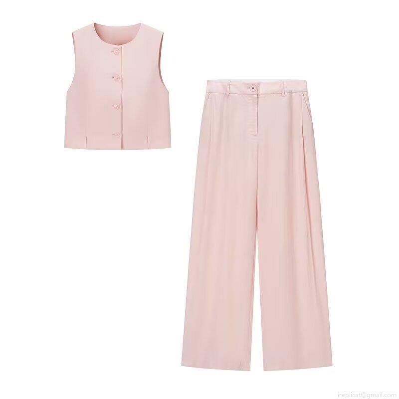 Women's Elegant Sleeveless Vest and High Waist Wide Leg Pants Two Piece Set Solid Pink Streetwear Casual Pleated Trousers Suit For Commuting Office Women's Elegant Sleeveless Vest and High Waist Wide Leg Pants Two Piece Set Solid Pink Streetwear Casual Pleated Trousers Suit For Commuting Office