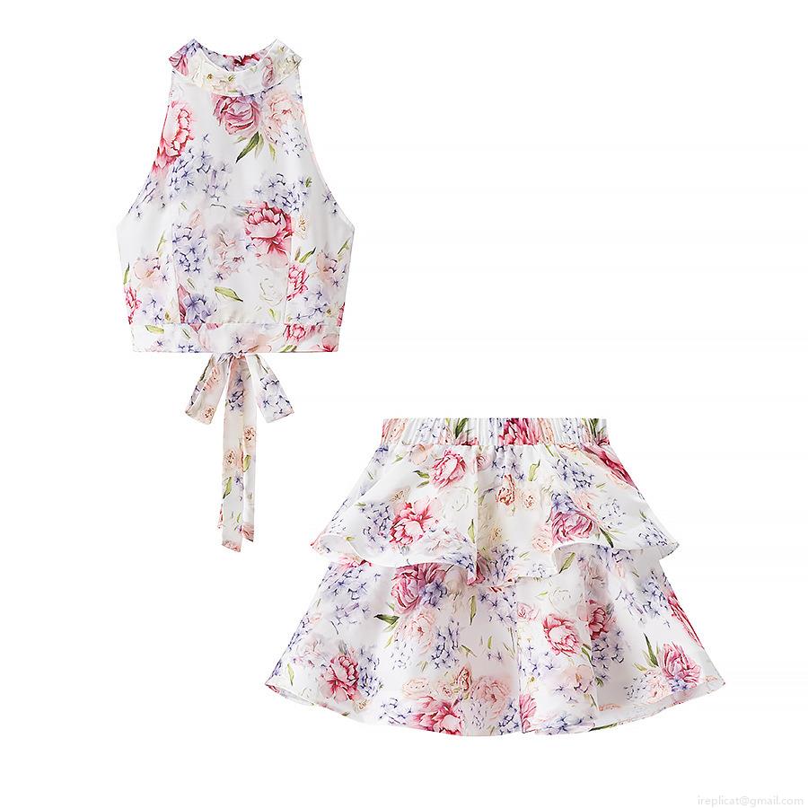 Women's Floral Print Two Piece Set Halter Neck Backless Crop Top and Double Layered Tiered Mini Skirt Summer Beach Boho Vacation Outfit