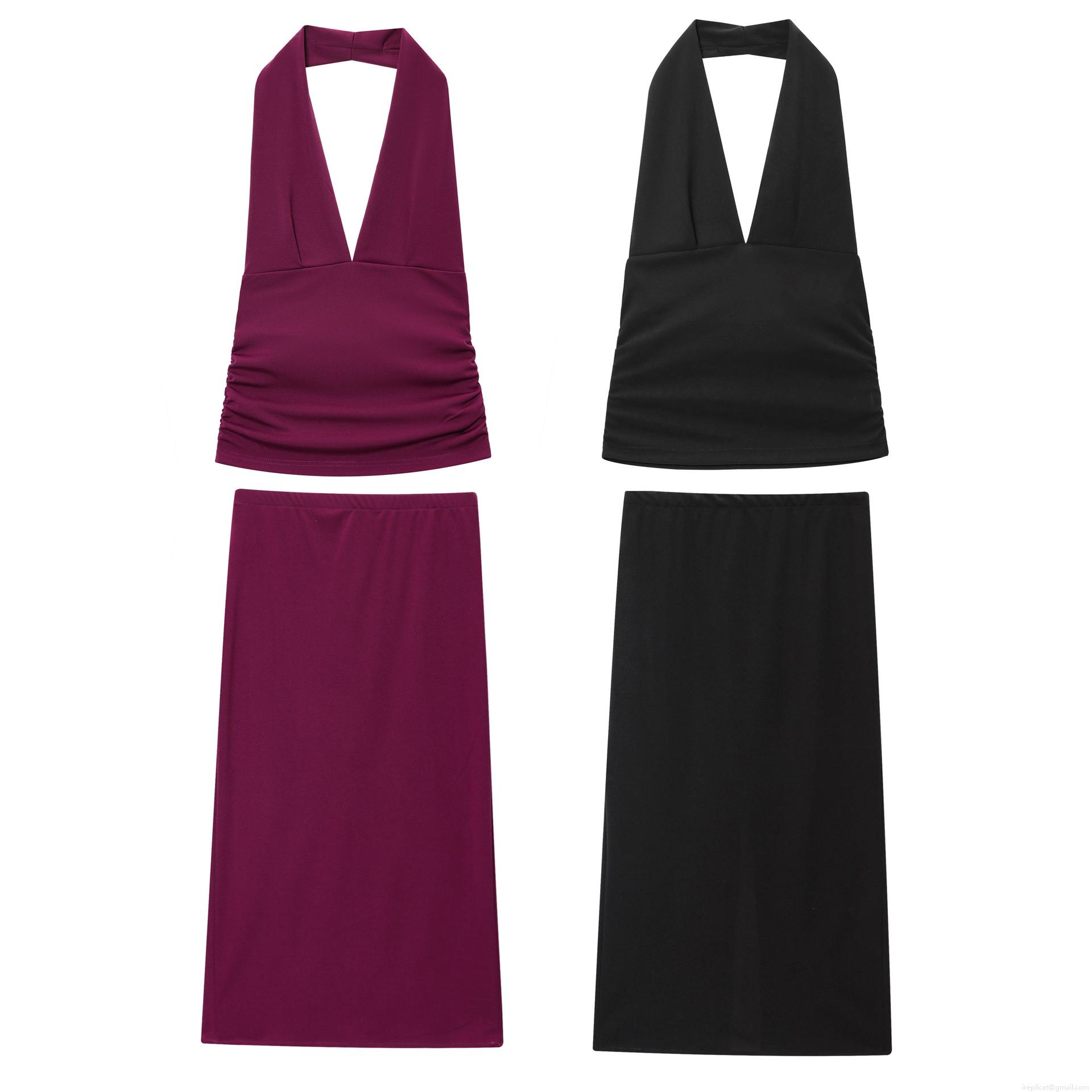 Women Halter Neck Ruched Crop Top And Elastic Split Midi Skirt Two Piece Set Solid Color Sleeveless Deep V Neck Slim Fit Co-ords Streetwear Fashion Outfit Women Halter Neck Ruched Crop Top And Elastic Split Midi Skirt Two Piece Set Solid Color Sleeveless Deep V Neck Slim Fit Co-ords Streetwear Fashion Outfit