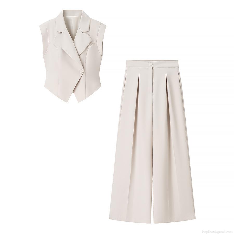 Women's 2-Piece Business Suit Set Elegant Sleeveless Lapel Waistcoat Vest And High Waist Wide Leg Pants Set Solid Color Professional Work Office Outfits