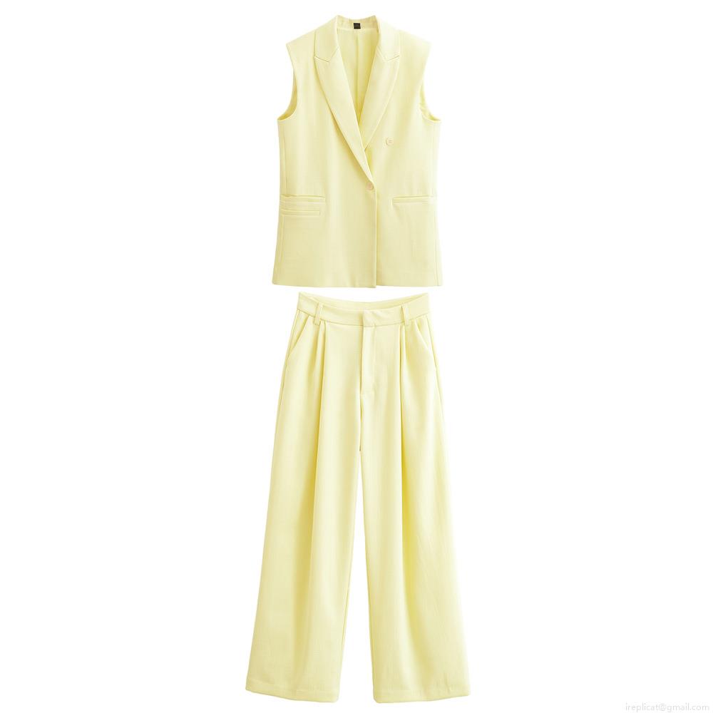 Women's Elegant Two Piece Set Textured Polyester Sleeveless Double Breasted Vest And High Waist Wide Leg Trousers Casual Office Suit For Ladies