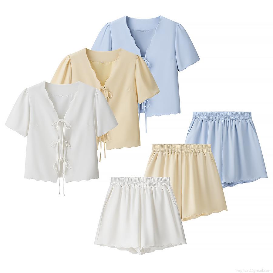 Women Summer Scalloped Hem 2 Piece Outfits Sets Tie Up Short Sleeve V Neck Top With High Waist Elastic Shorts Or A-Line Midi Skirt Separates Loungewear Women Summer Scalloped Hem 2 Piece Outfits Sets Tie Up Short Sleeve V Neck Top With High Waist Elastic Shorts Or A-Line Midi Skirt Separates Loungewear
