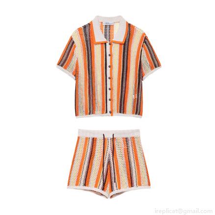Women's Crochet Knit Two Piece Set 100% Polyester Vertical Stripe Short Sleeve Polo Top And High Waist Drawstring Shorts Summer Vacation Beach Casual Streetwear Women's Crochet Knit Two Piece Set 100% Polyester Vertical Stripe Short Sleeve Polo Top And High Waist Drawstring Shorts Summer Vacation Beach Casual Streetwear