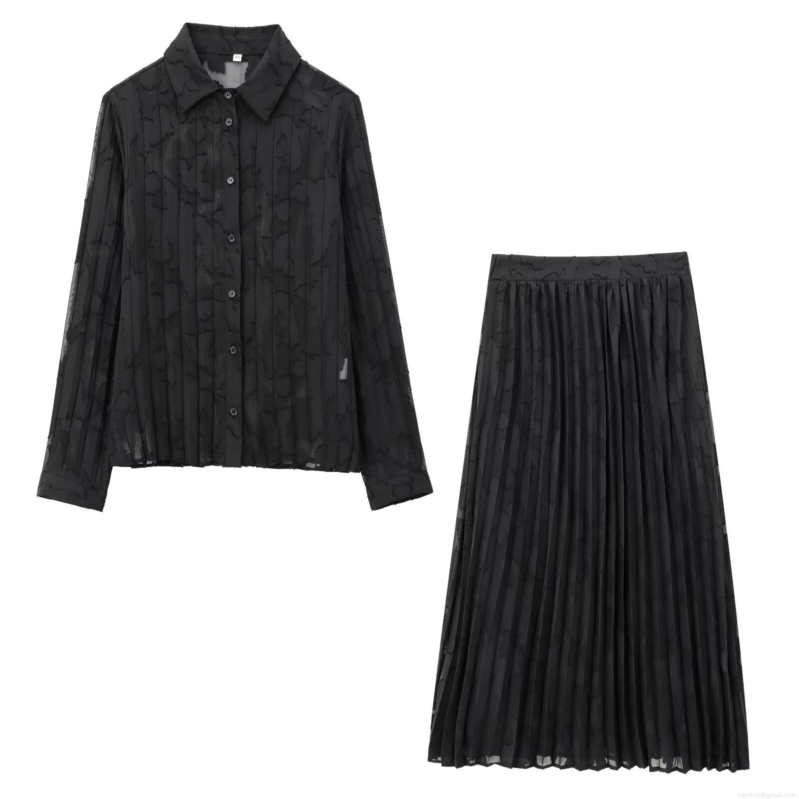 Women's Elegant Black Chiffon Burn-out Floral Shirt and Pleated Midi Skirt Two-Piece Set Casual Long Sleeve Semi-Transparent Top and Elastic Waist Skirt Streetwear Outfits Women's Elegant Black Chiffon Burn-out Floral Shirt and Pleated Midi Skirt Two-Piece Set Casual Long Sleeve Semi-Transparent Top and Elastic Waist Skirt Streetwear Outfits