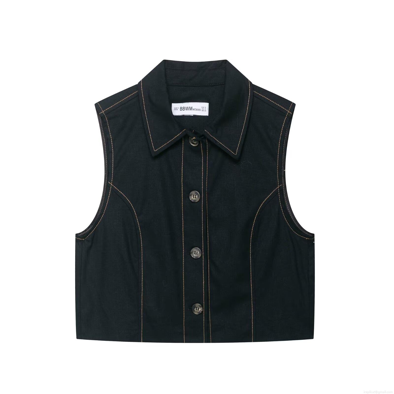 Women Contrast Stitching Sleeveless Button Vest and High Waist Pleated Bermuda Shorts With Belt Two Piece Set Streetwear Casual Solid Polyester Outfit Women Contrast Stitching Sleeveless Button Vest and High Waist Pleated Bermuda Shorts With Belt Two Piece Set Streetwear Casual Solid Polyester Outfit