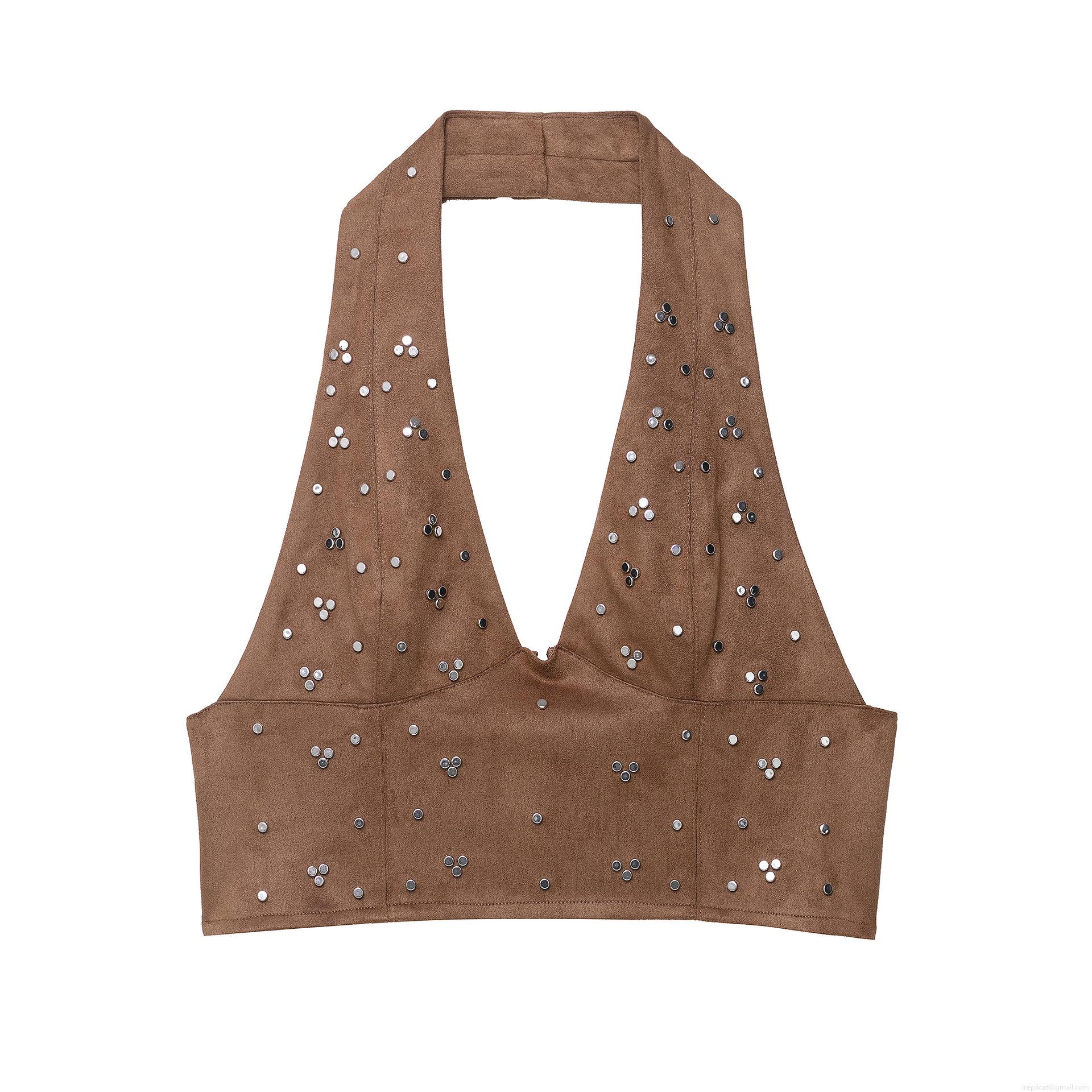 Women's Two Piece Faux Suede Set Halter Studded Crop Top And Side Fringe Shorts Set Deep Brown Streetwear Clubwear Party Outfit