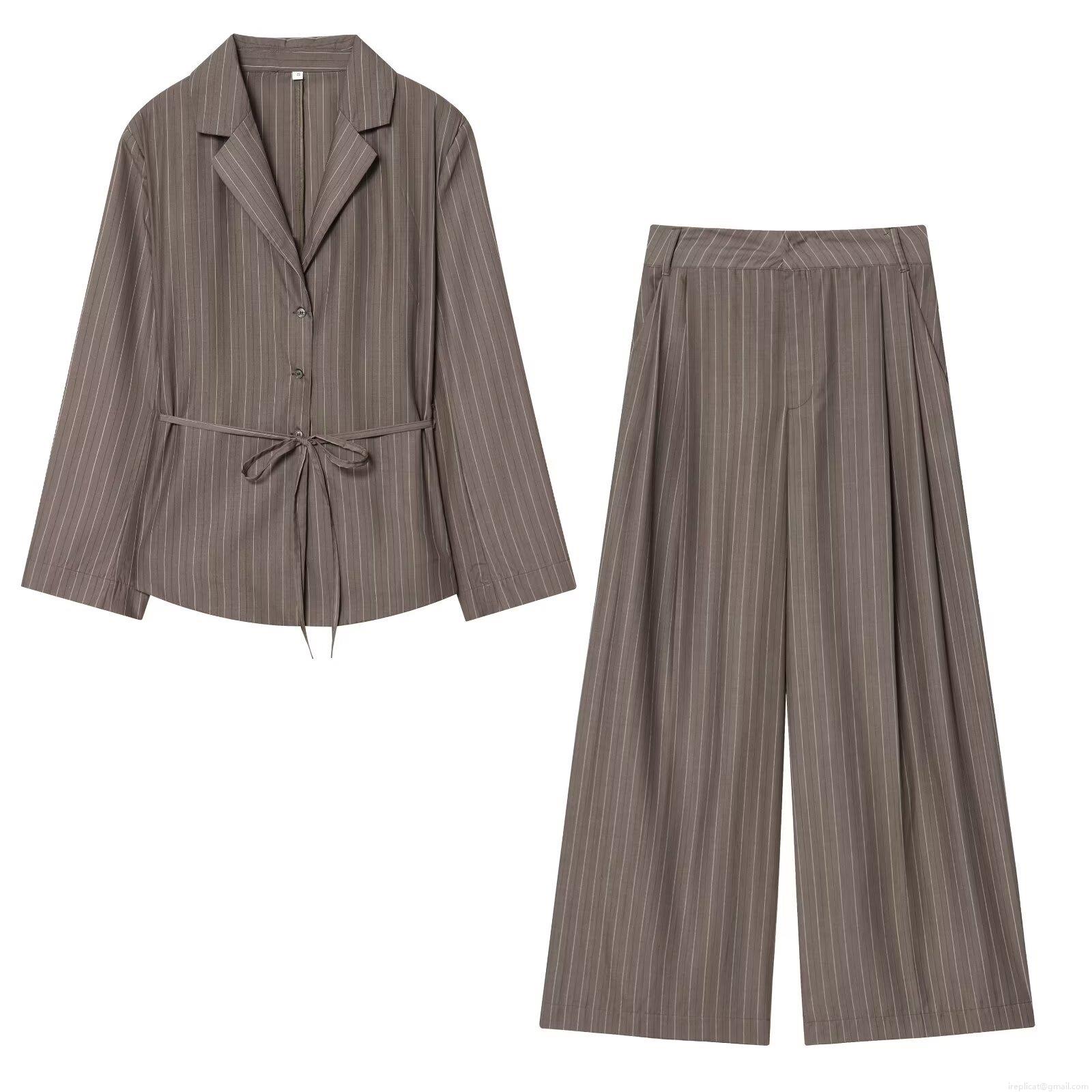 Women's Elegant Striped Blazer and Pants Two Piece Set With Shoulder Pads Waist Belt Business Casual Suits For Office Lady