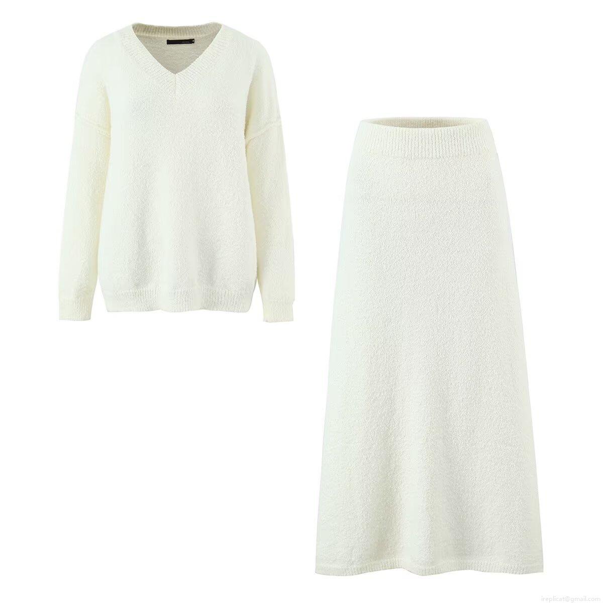 Women Knit Two Piece Set V Neck Loose Sweater And A-Line Long Skirt Outfits Casual Streetwear Soft Comfortable Knitwear Co-ords Women Knit Two Piece Set V Neck Loose Sweater And A-Line Long Skirt Outfits Casual Streetwear Soft Comfortable Knitwear Co-ords