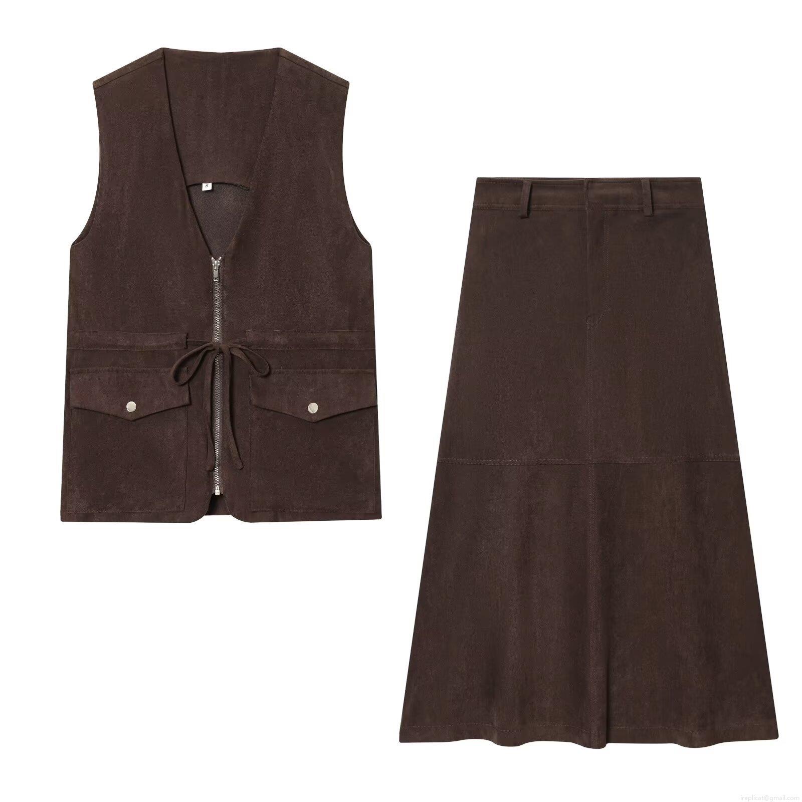Women's 2 Piece Faux Suede Skirt Set V Neck Zip Up Vest With Pockets and High Waist A-Line Midi Skirt Solid Color Casual Streetwear Outfits Women's 2 Piece Faux Suede Skirt Set V Neck Zip Up Vest With Pockets and High Waist A-Line Midi Skirt Solid Color Casual Streetwear Outfits