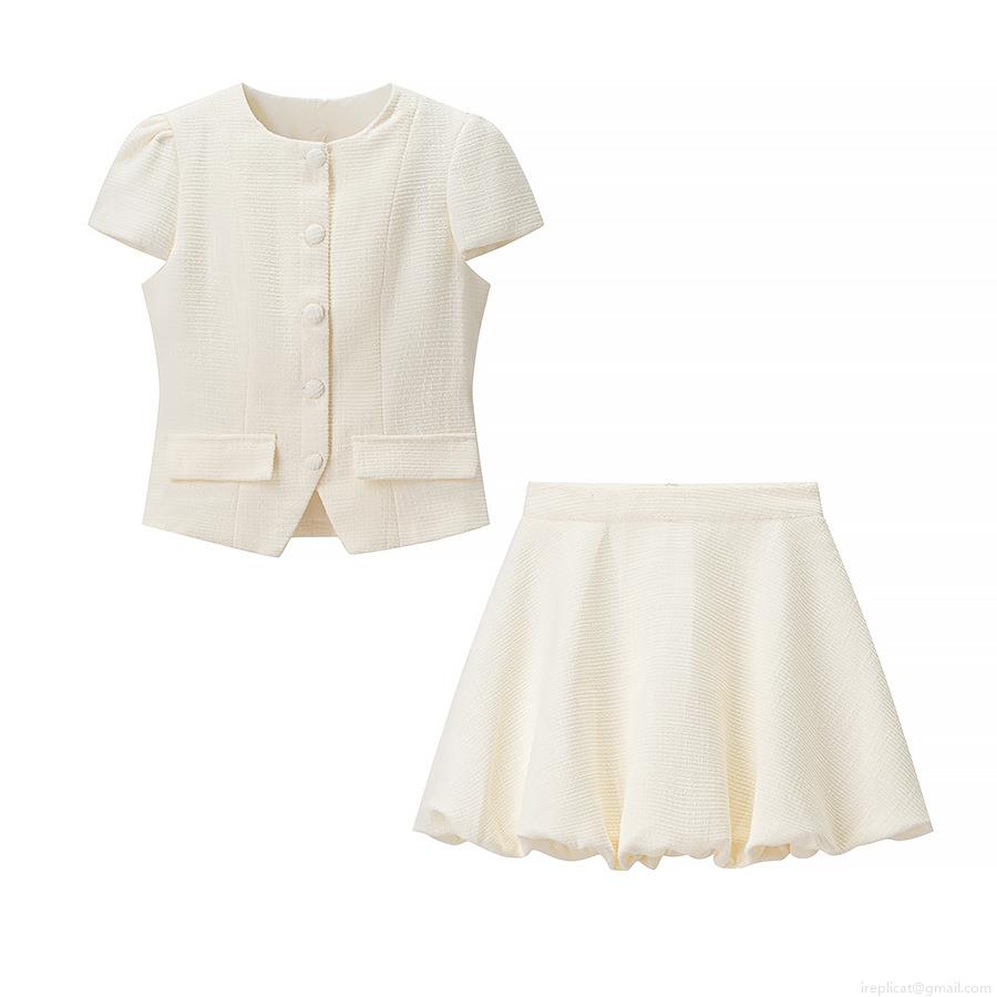 Women's Elegant 2-Piece Tweed Skirt Set French Style Short Sleeve Round Neck Button Down Top And Pleated Bubble Mini Skirt Outfits For Party Office Lady Cream White
