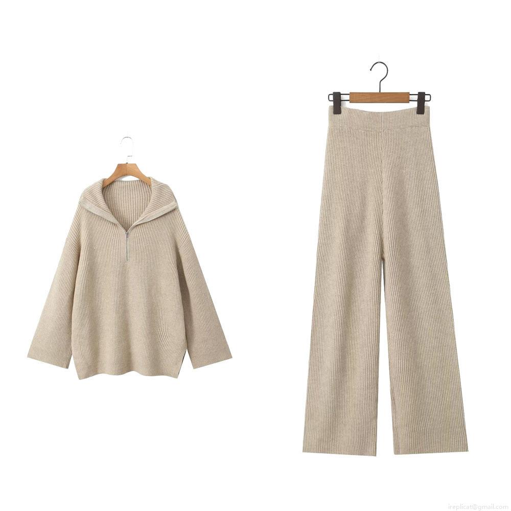 Women's 2 Piece Knit Set Half Zipper Lapel Oversized Pullover Sweater And High Waist Wide Leg Pants Ribbed Knitted Tracksuit For Fall Winter Casual Loungewear