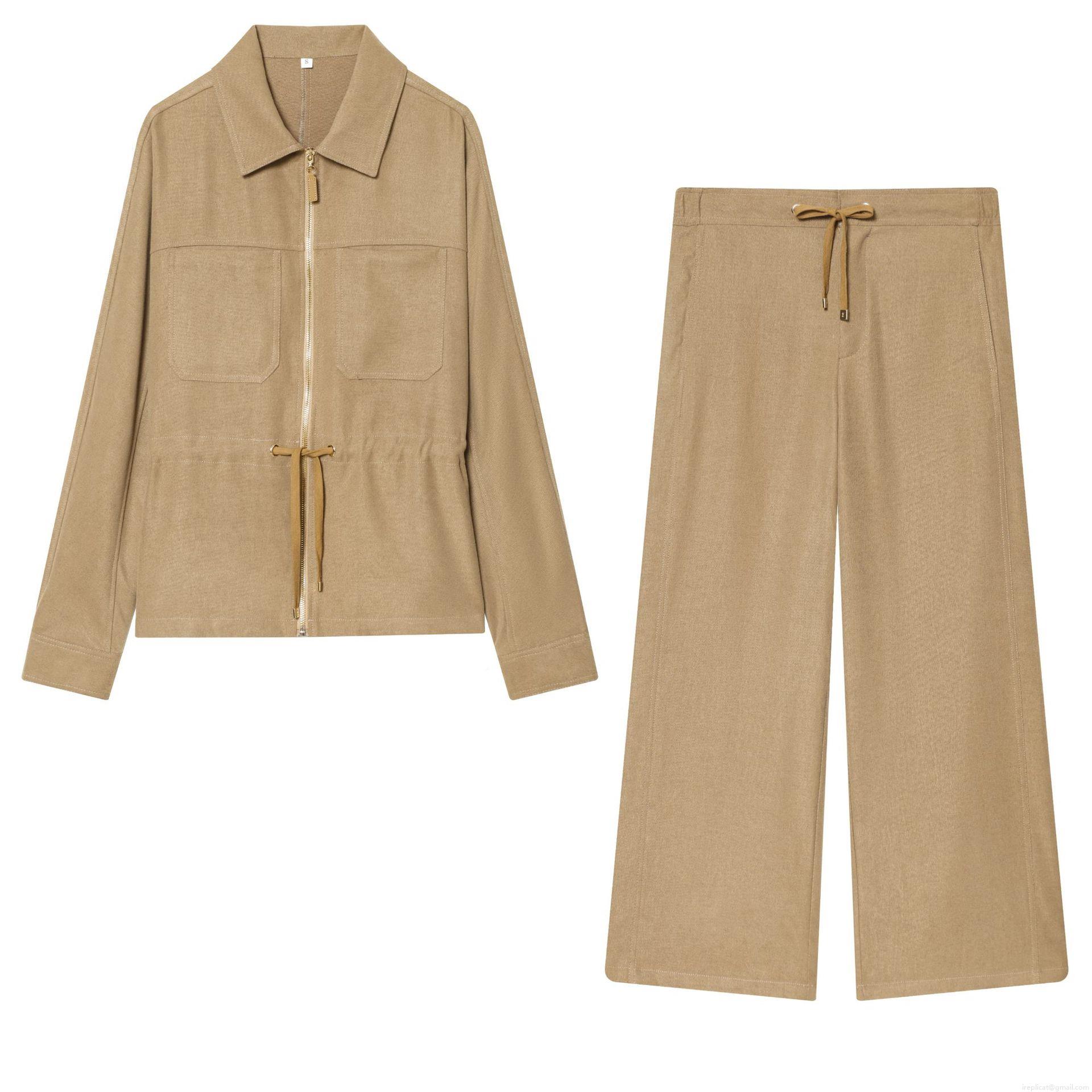 Women's Casual Khaki Two Piece Outfits Zip Up Drawstring Cargo Jacket Coat and High Waist Wide Leg Pants Set Solid Streetwear Loose Trousers Suit Autumn