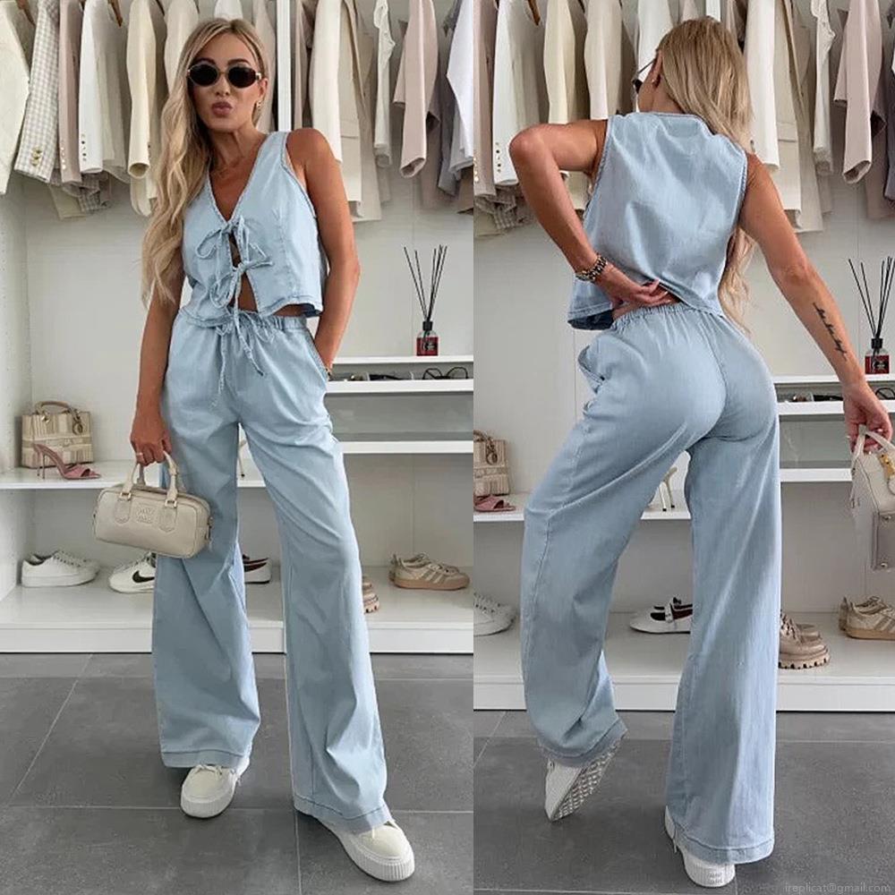 Women's 2 Piece Denim Sets Sleeveless V-Neck Front Bow Tie Vest Top And High Waist Wide Leg Long Pants Casual Cotton Blend Light Blue Outfits Streetwear Women's 2 Piece Denim Sets Sleeveless V-Neck Front Bow Tie Vest Top And High Waist Wide Leg Long Pants Casual Cotton Blend Light Blue Outfits Streetwear