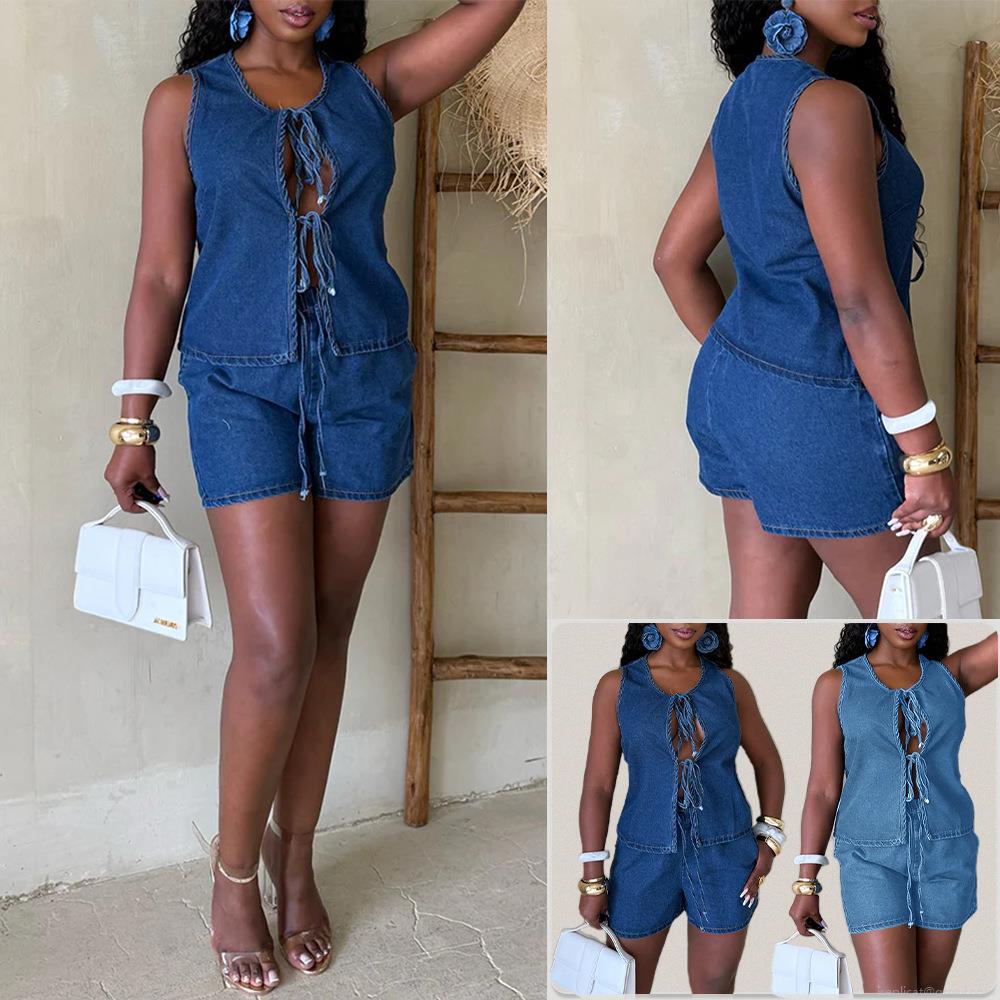 Women's Denim Two Piece Set Sleeveless Tie Front Crop Top High Waisted Shorts Summer Streetwear Sexy Outfits Set Blue Jeans Outfits