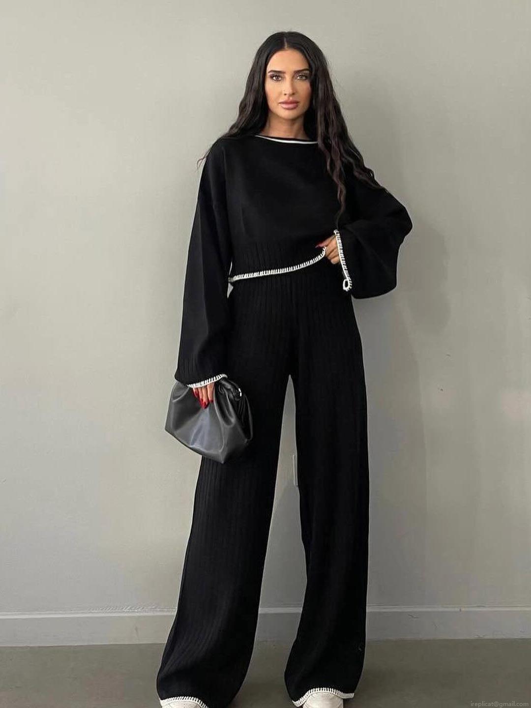 Women's 2 Piece Knit Outfits Contrast Trim Long Sleeve Crop Top And High Waisted Wide Leg Pants Set Elegant Cotton Blend Lounge Sweatsuit Women's 2 Piece Knit Outfits Contrast Trim Long Sleeve Crop Top And High Waisted Wide Leg Pants Set Elegant Cotton Blend Lounge Sweatsuit