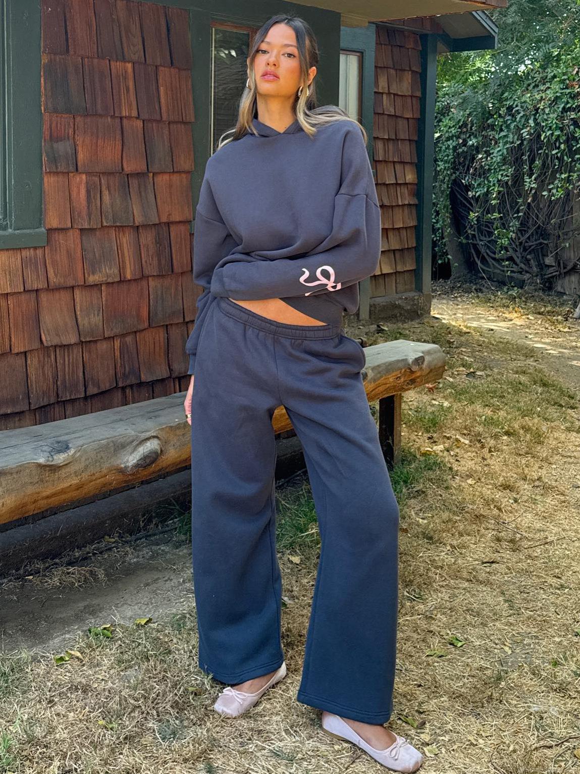 Women's Casual Bow Print Cotton Blend Hoodie Set Long Sleeve Hooded Sweatshirt And Wide Leg Pants Two Piece Tracksuit Outfits Women's Casual Bow Print Cotton Blend Hoodie Set Long Sleeve Hooded Sweatshirt And Wide Leg Pants Two Piece Tracksuit Outfits