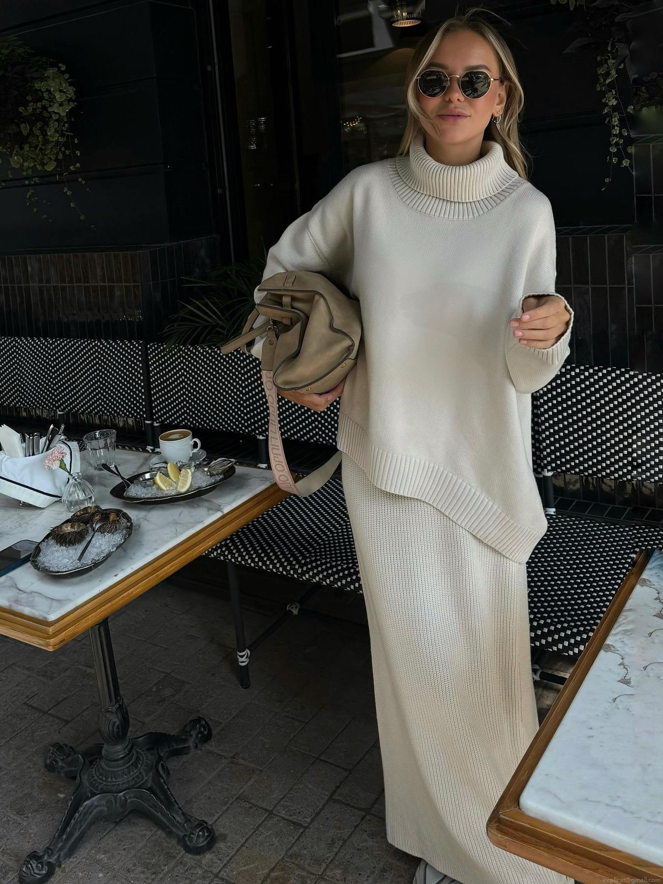 Women French Style Knitted 2 Piece Set Turtleneck Oversized Sweater And High Waist Straight Midi Skirt Solid Ribbed Fall Winter Soft Cotton Blend Skirt Outfits For Women Women French Style Knitted 2 Piece Set Turtleneck Oversized Sweater And High Waist Straight Midi Skirt Solid Ribbed Fall Winter Soft Cotton Blend Skirt Outfits For Women