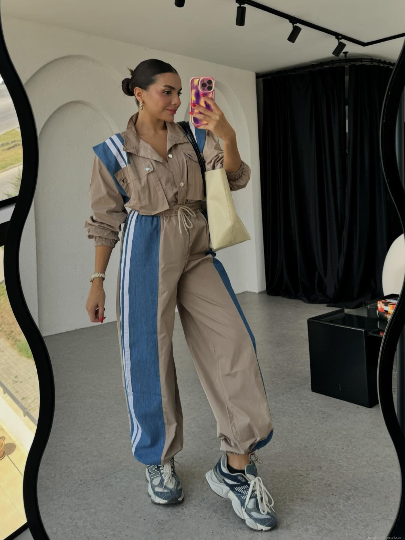 Women's Casual 2 Piece Cargo Pants Set Denim Patchwork Striped Long Sleeve Jacket And Straight Leg Trousers Streetwear Outfit Women's Casual 2 Piece Cargo Pants Set Denim Patchwork Striped Long Sleeve Jacket And Straight Leg Trousers Streetwear Outfit