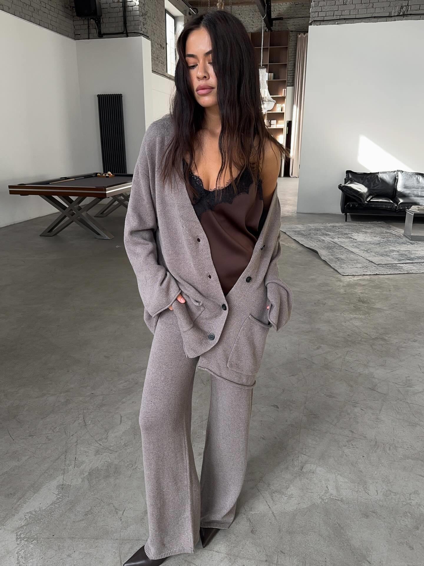 Women's Retro Knit 2 Piece Set Cotton Blend V-Neck Cardigan Sweater And Wide Leg Pants Set Casual Loungewear Outfit For Autumn Winter