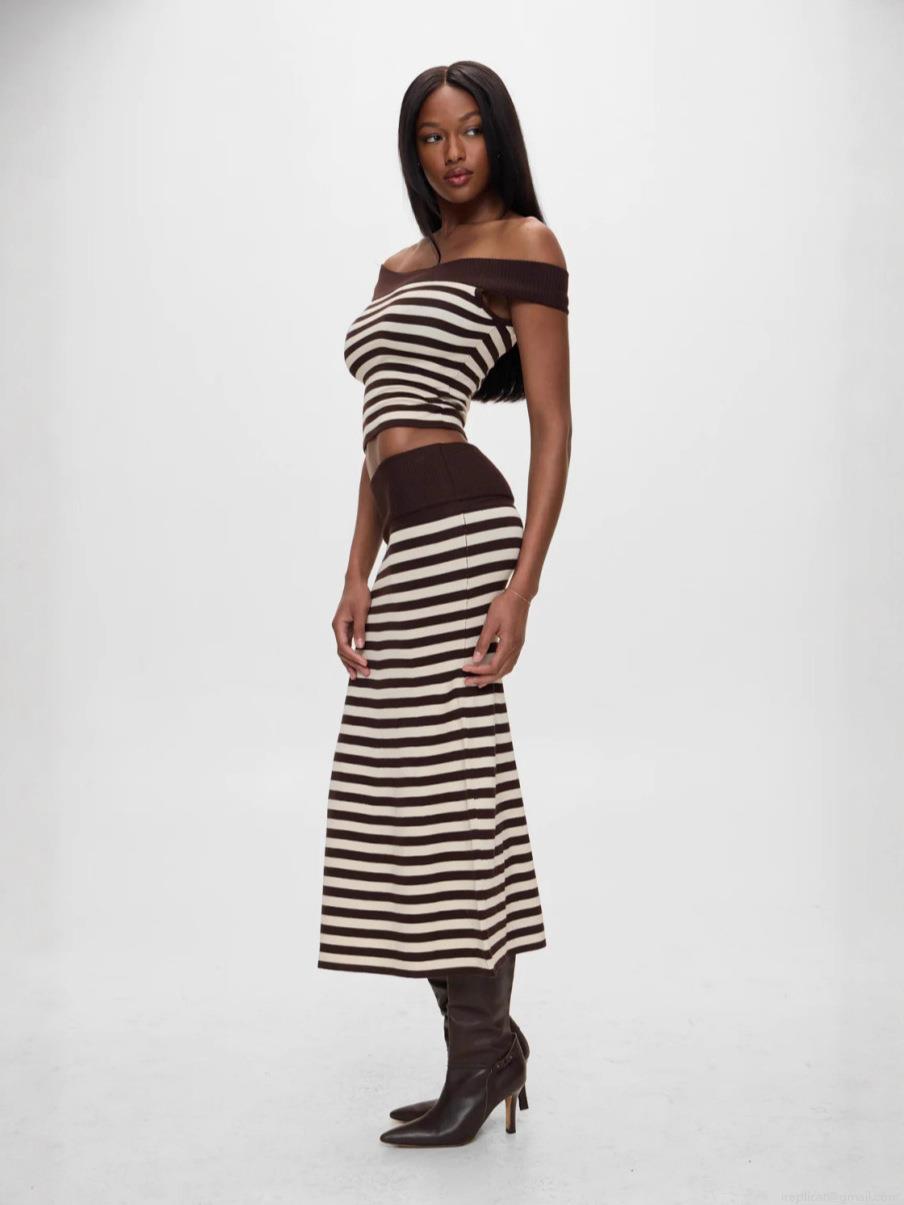 Women's Chic Striped Off-The-Shoulder Knit 2 Piece Set Elegant Slim Fit Crop Top And High Waist Bodycon Maxi Skirt Casual Streetwear Outfits Women's Chic Striped Off-The-Shoulder Knit 2 Piece Set Elegant Slim Fit Crop Top And High Waist Bodycon Maxi Skirt Casual Streetwear Outfits