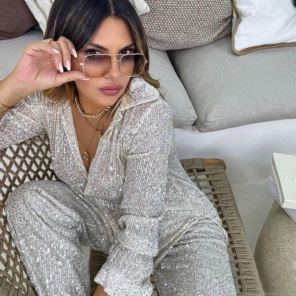 Women's Fashion Elegant Sequin Two Piece Set Glitter V Neck Long Sleeve Shirt And Wide Leg Pants Suits For Party Evening Clubwear Ladies Polyester Outfits