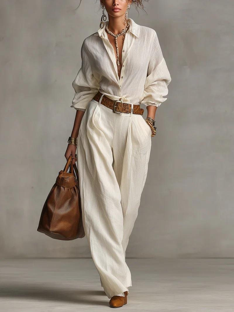 Women Elegant Two Piece Set Long Sleeve Button Down Shirt and High Waist Wide Leg Pants Casual Cotton Linen Look Suit Solid Color Outfits Women Elegant Two Piece Set Long Sleeve Button Down Shirt and High Waist Wide Leg Pants Casual Cotton Linen Look Suit Solid Color Outfits