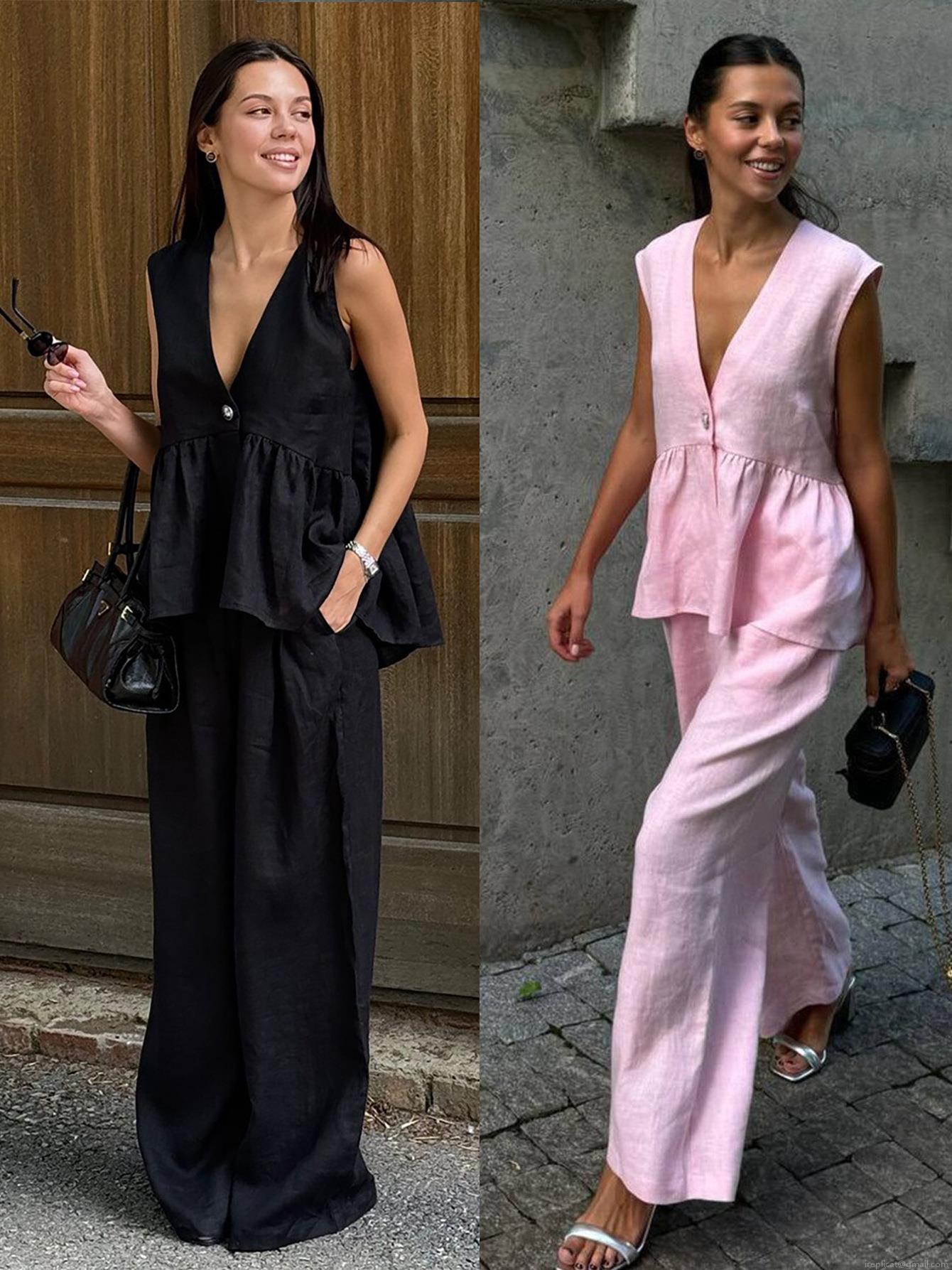 Women's 2 Piece Summer Outfits Sleeveless V Neck Ruffle Hem Top And High Waist Wide Leg Pants Set Solid Color Casual Elegant Tracksuit For Women Vacation Beach Wear Women's 2 Piece Summer Outfits Sleeveless V Neck Ruffle Hem Top And High Waist Wide Leg Pants Set Solid Color Casual Elegant Tracksuit For Women Vacation Beach Wear