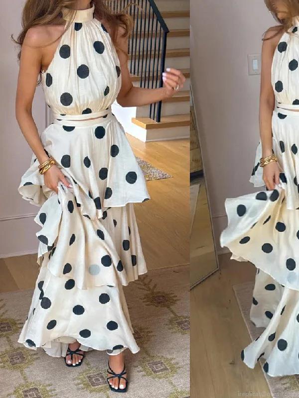 Women Sexy Polka Dot Print Halter Sleeveless Crop Top and Multi-Layer Tiered Cake Maxi Skirt Two Piece Set Elegant Summer Banquet Party Outfit Women Sexy Polka Dot Print Halter Sleeveless Crop Top and Multi-Layer Tiered Cake Maxi Skirt Two Piece Set Elegant Summer Banquet Party Outfit