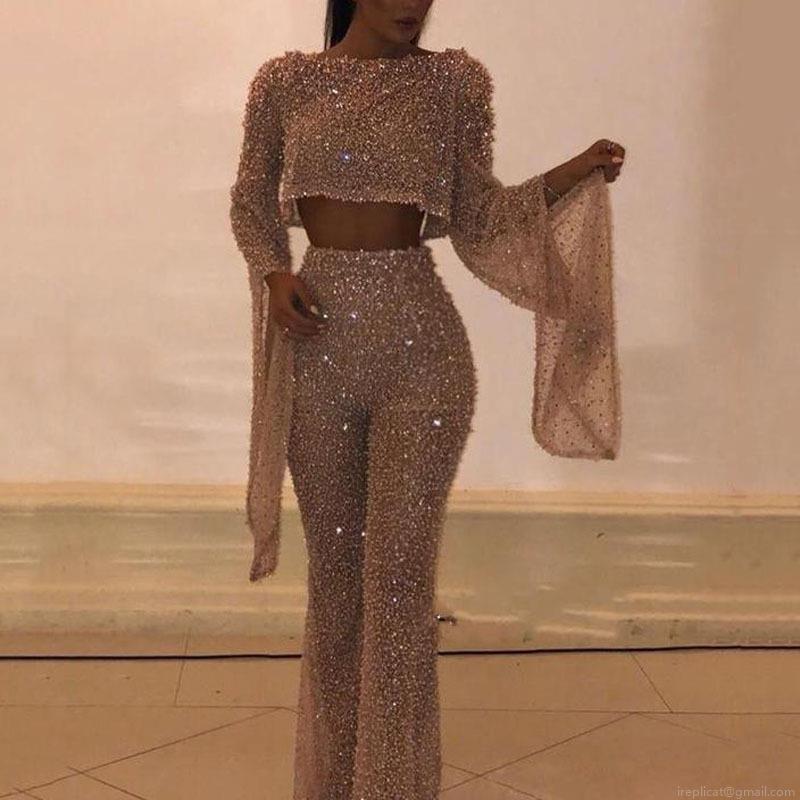 Women Sexy 2-Piece Sequin Set Sparkling Long Flare Sleeve Backless Crop Top and High Waisted Wide Leg Bell Bottom Pants Evening Party Nightclub Clubwear Outfit Women Sexy 2-Piece Sequin Set Sparkling Long Flare Sleeve Backless Crop Top and High Waisted Wide Leg Bell Bottom Pants Evening Party Nightclub Clubwear Outfit