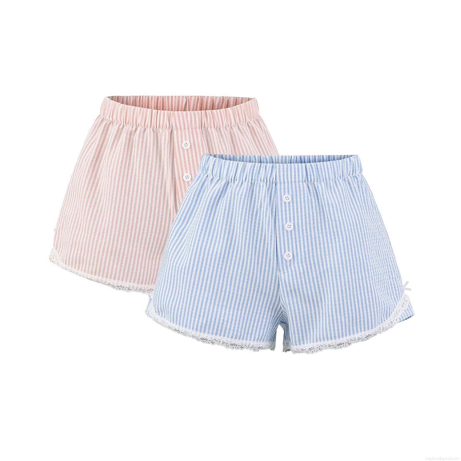 Women's Striped Casual Shorts Polyester Lace Trim Decorative Buttons Elastic Waist Loose Home Sleepwear Summer Bottoms For Ladies