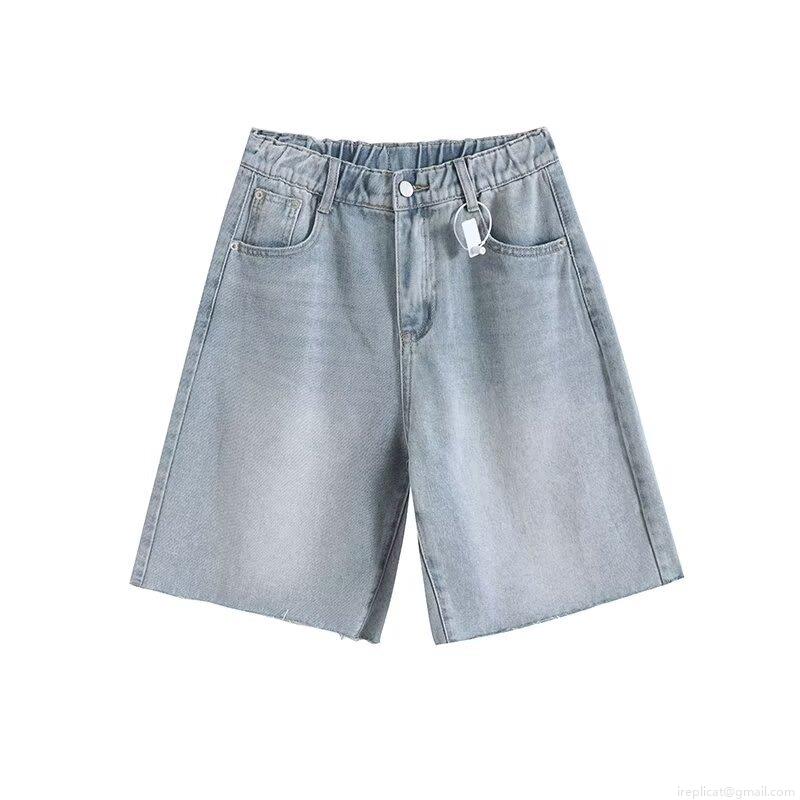 Women's Casual Elastic High Waist Denim Shorts Loose Fit Straight Leg Light Blue Washed Jean Shorts with Raw Hem and Pockets Five-Point Pants