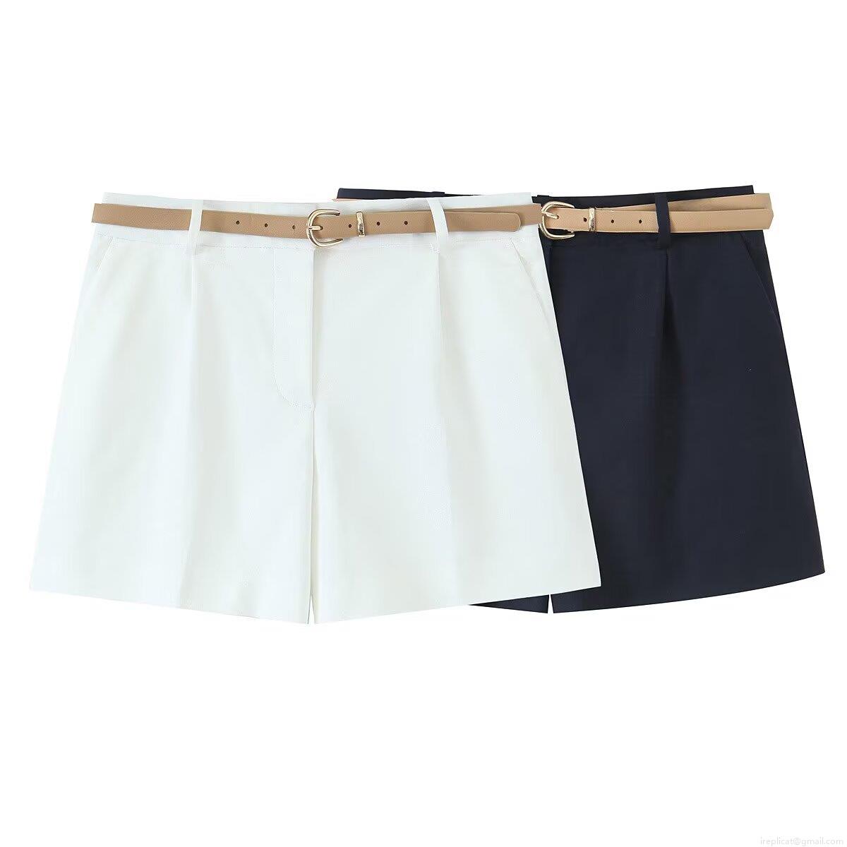 Women's Summer Casual Suit Shorts With Belt Pleated High Waist Solid Color Polyester Short Pants For Office Daily Wear Street Style