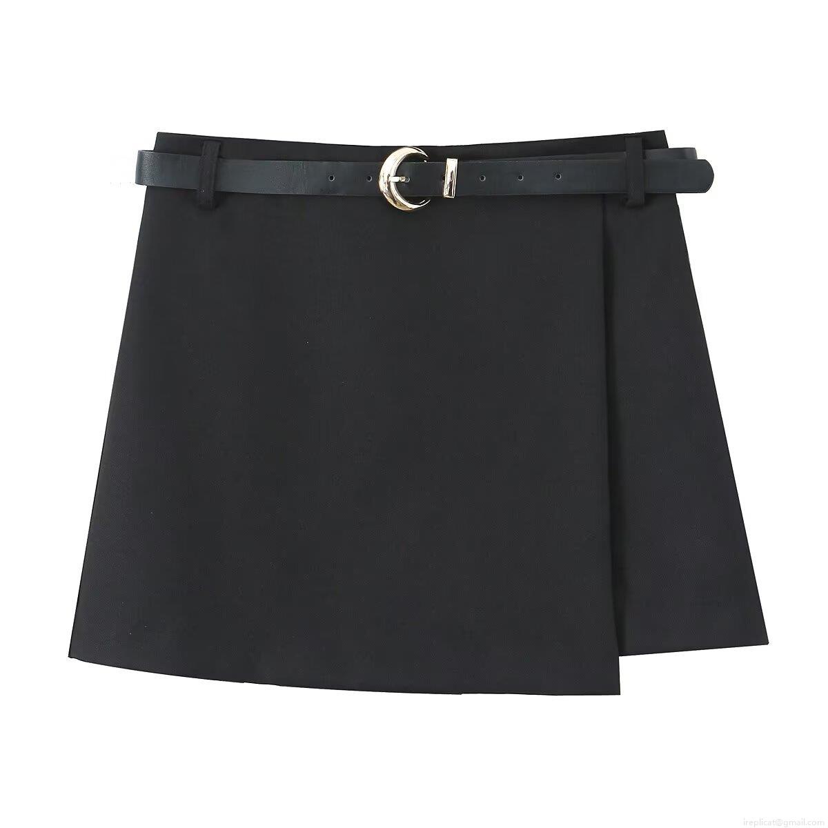 Women Stylish Casual Black Skort With Leather Belt Golden Moon Buckle Double Breasted Summer Short Skirt Pants High Quality Polyester Commuter Fashion Bottoms Women Stylish Casual Black Skort With Leather Belt Golden Moon Buckle Double Breasted Summer Short Skirt Pants High Quality Polyester Commuter Fashion Bottoms