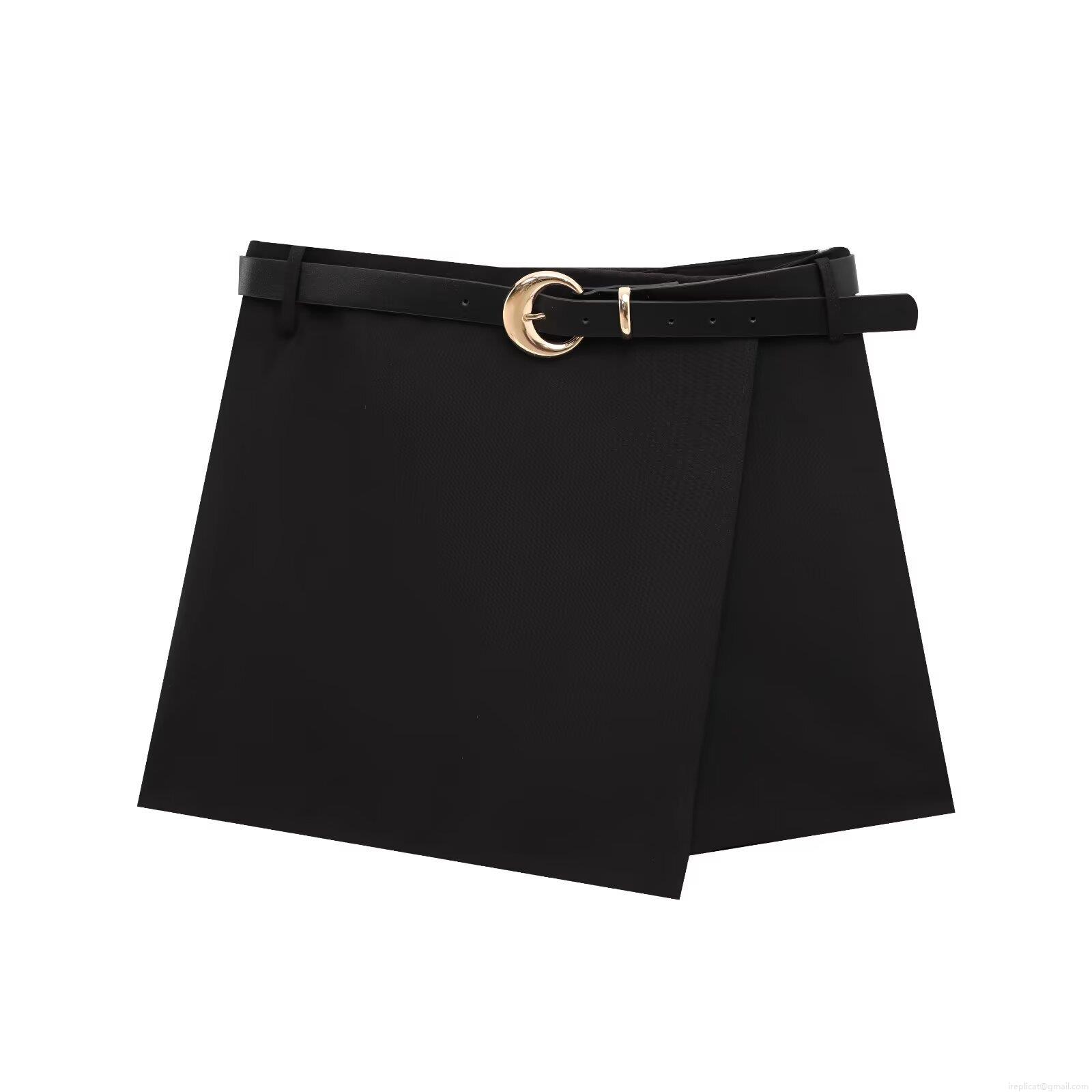 Women's Fashion Minimalist Casual Wrap Skort With Belt Polyester Spandex Blend Black Mini Skirt Shorts For Autumn Daily Commuting Wear