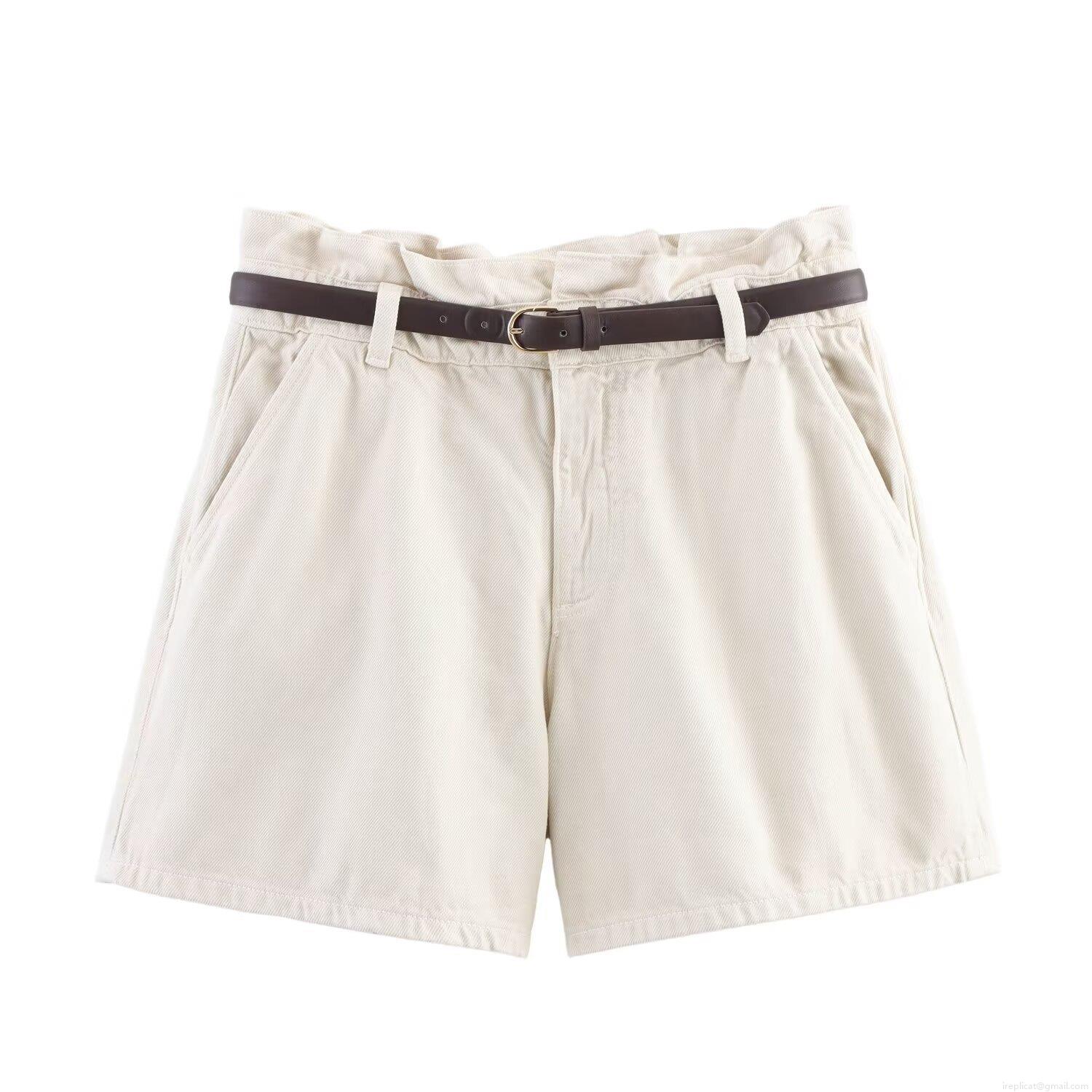 Women High Waist Paper Bag Denim Shorts With Belt Casual Pleated Cotton Twill Wide Leg Shorts Pockets Summer Beach Wear For Girls
