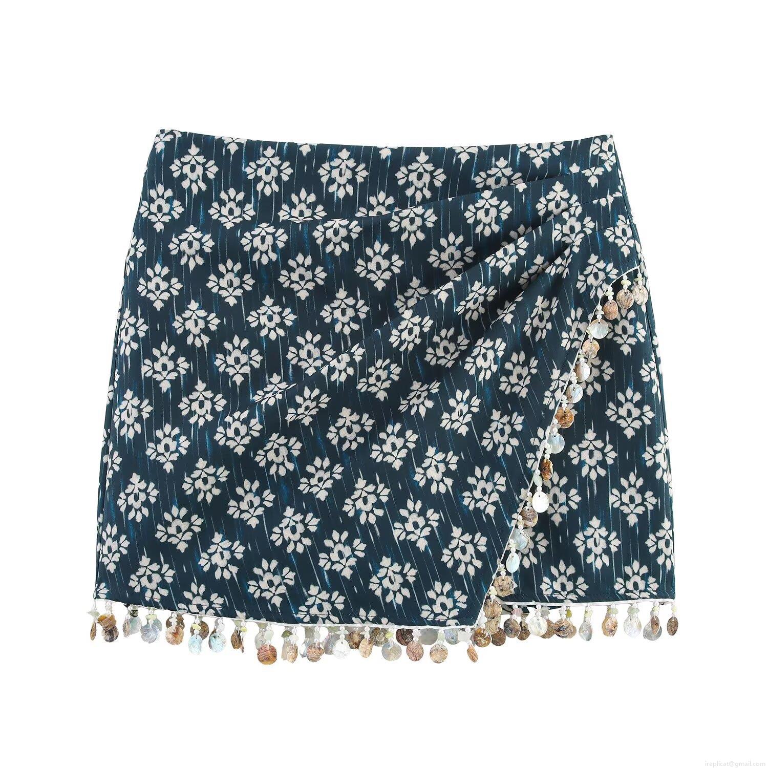 Women Ethnic Floral Print Skort Polyester Asymmetrical Wrap Mini Skirt With Shell Tassel Beaded Trim Summer Beach Vacation Bohemian Style Shorts For Ladies